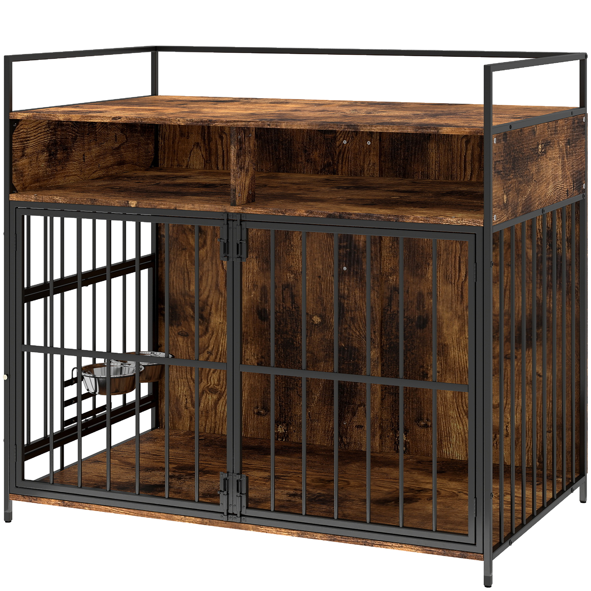Dog Crate Furniture with Rotating Feeding Station Dog Kennel End Table Storage Shelves, Rustic Brown