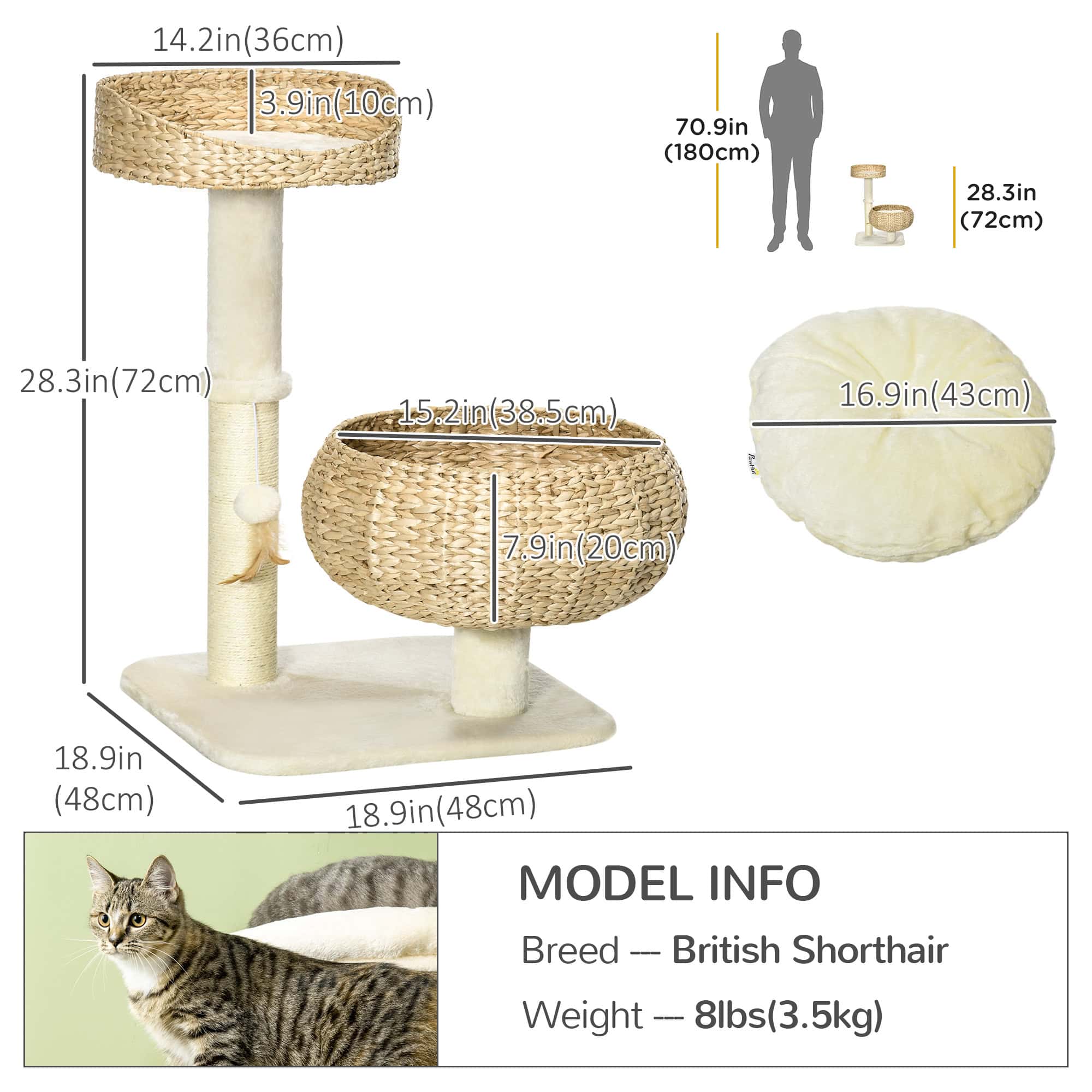 28" Cat Tree with Scratching Post, Cat Tower with Double Beds, Beige