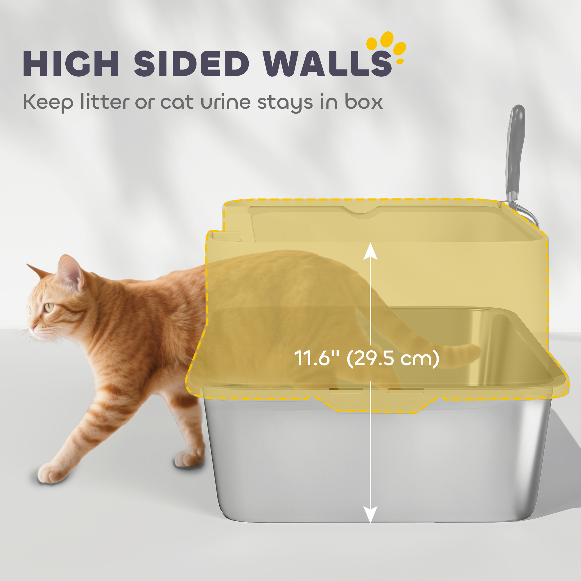 Stainless Steel Litter Box, XL High Sided Cat Litter Box with Scoop, Anti Leakage & Easy to Clean, 24" x 16" x 12", Grey