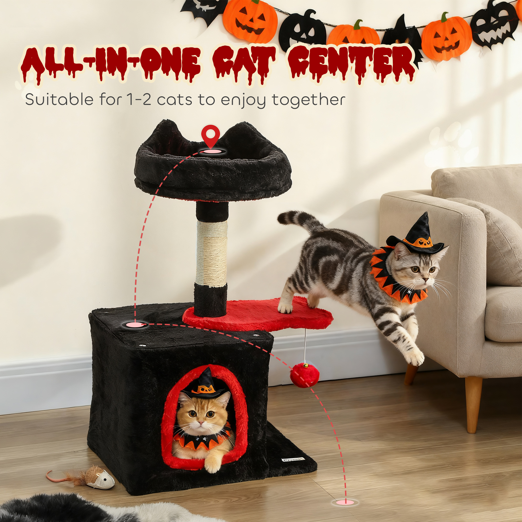 28" Gothic Cat Tree Tower with Plush Top Bed, Cozy Condo, Sisal Scratching Post, Perch, Dangling Ball, Red & Black