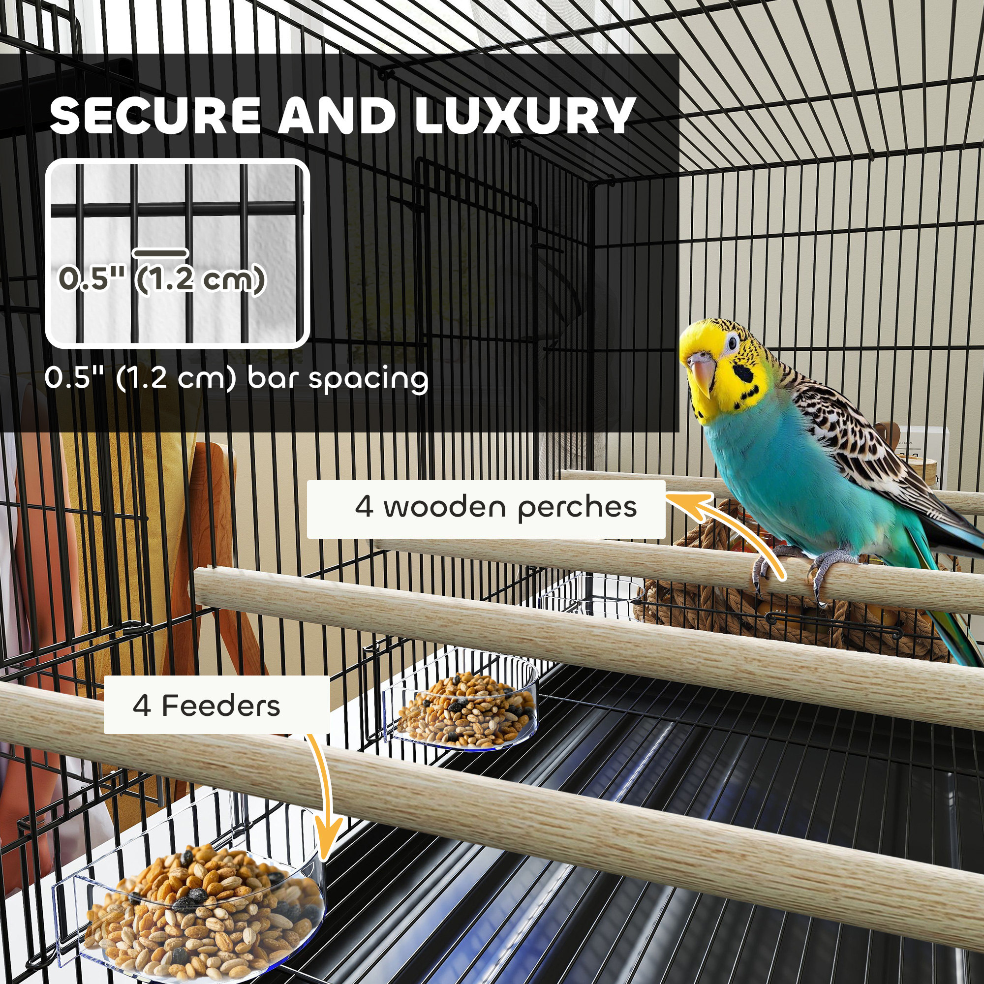 18" H Bird Cage, Large Parakeet Cage for Budgie, Lovebird, Canary, Finches with Divider, Black - Image 5