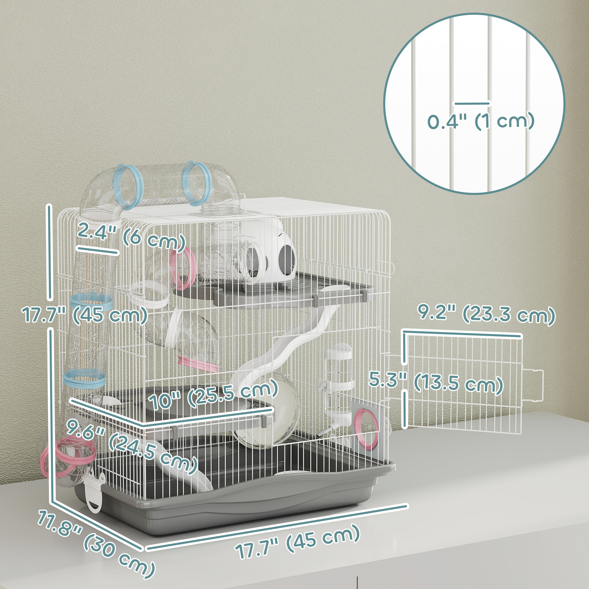 3-Tier Hamster Cage, Portable Gerbil Cage with Exercise Wheels, Water Bottle, Food Dish, for Dwarf Hamsters, Mouse, Grey