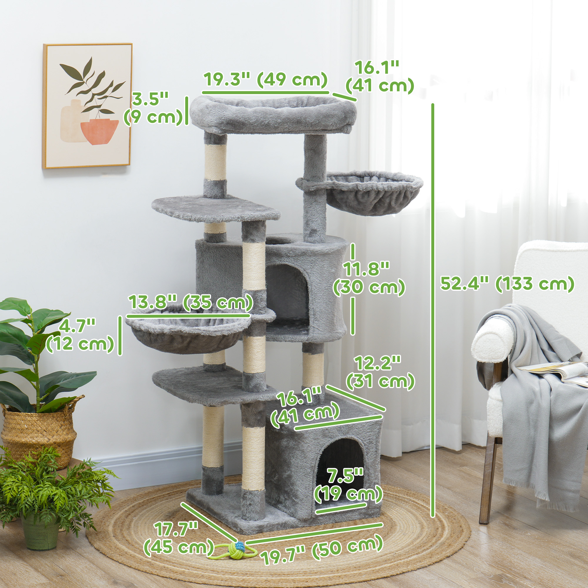52.5" Cat Tree Tower with Scratching Posts, Cat Condos, Bed, Platforms, Hammocks, for Indoor Cats, Grey