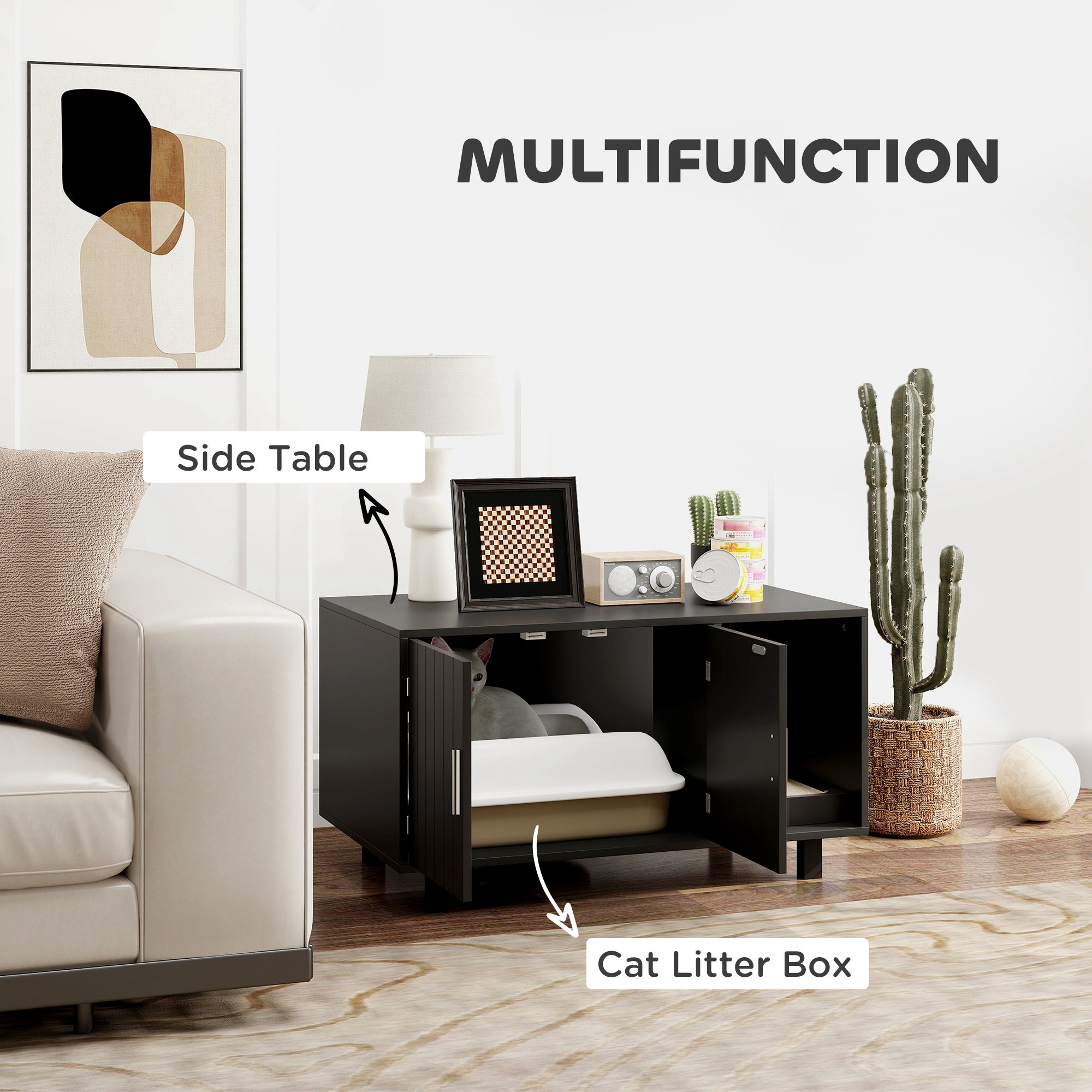 Cat Litter Box Enclosure, Cat House End Table with Scratcher, Black