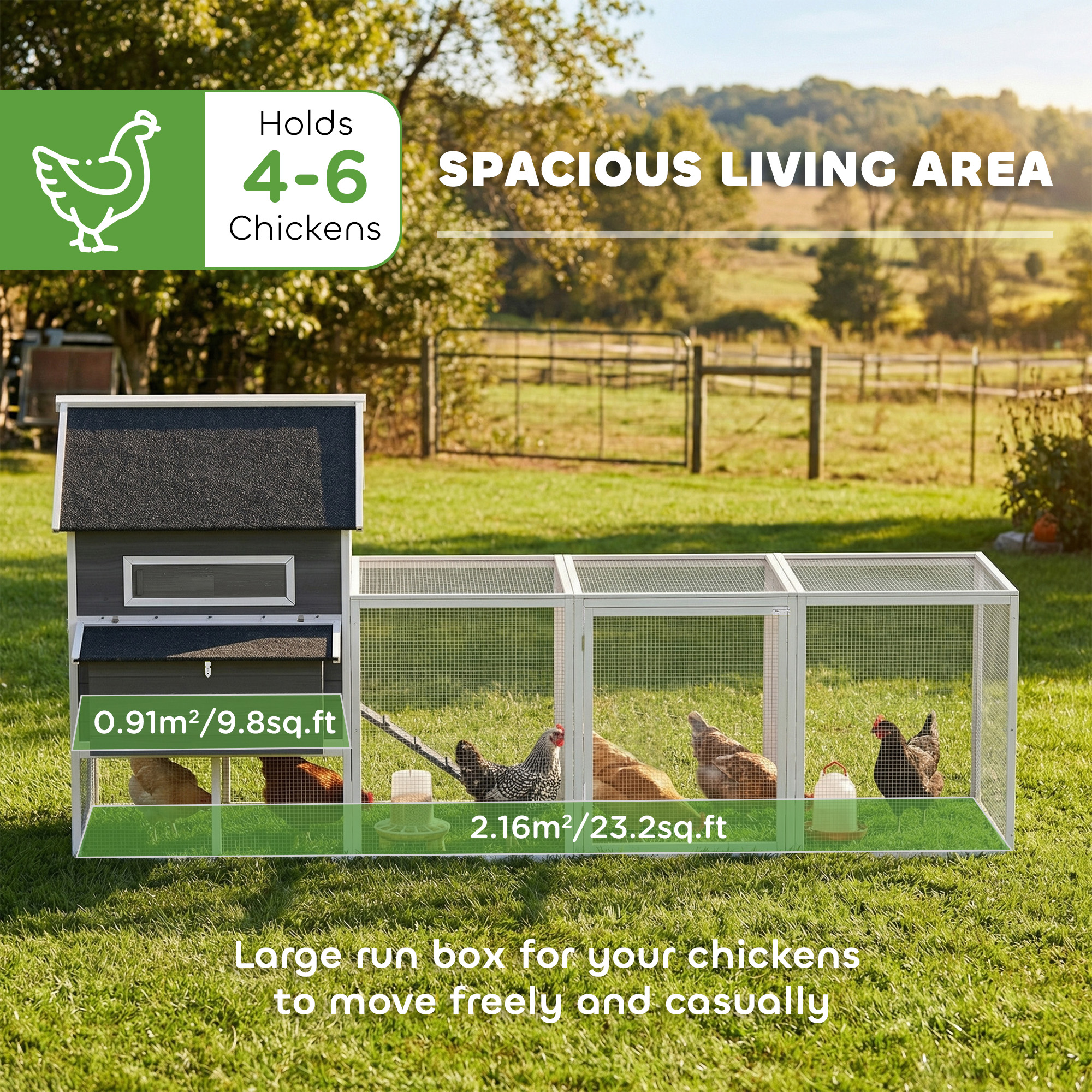 137" Wooden Chicken Coop with Chicken Run, Nesting Box, Dark Grey - Image 4
