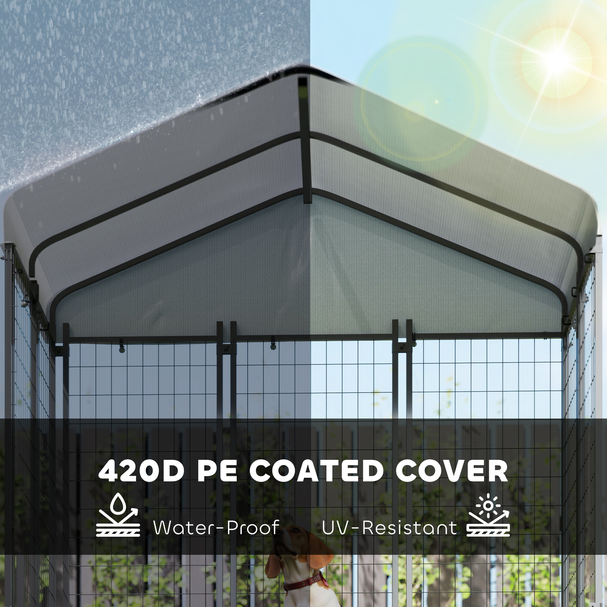 Outdoor Dog Kennel with Waterproof UV-Resistant Cover, Rotating & 4-Level Adjustable Feeding Bowls, 5.9 x 4 x 6 ft