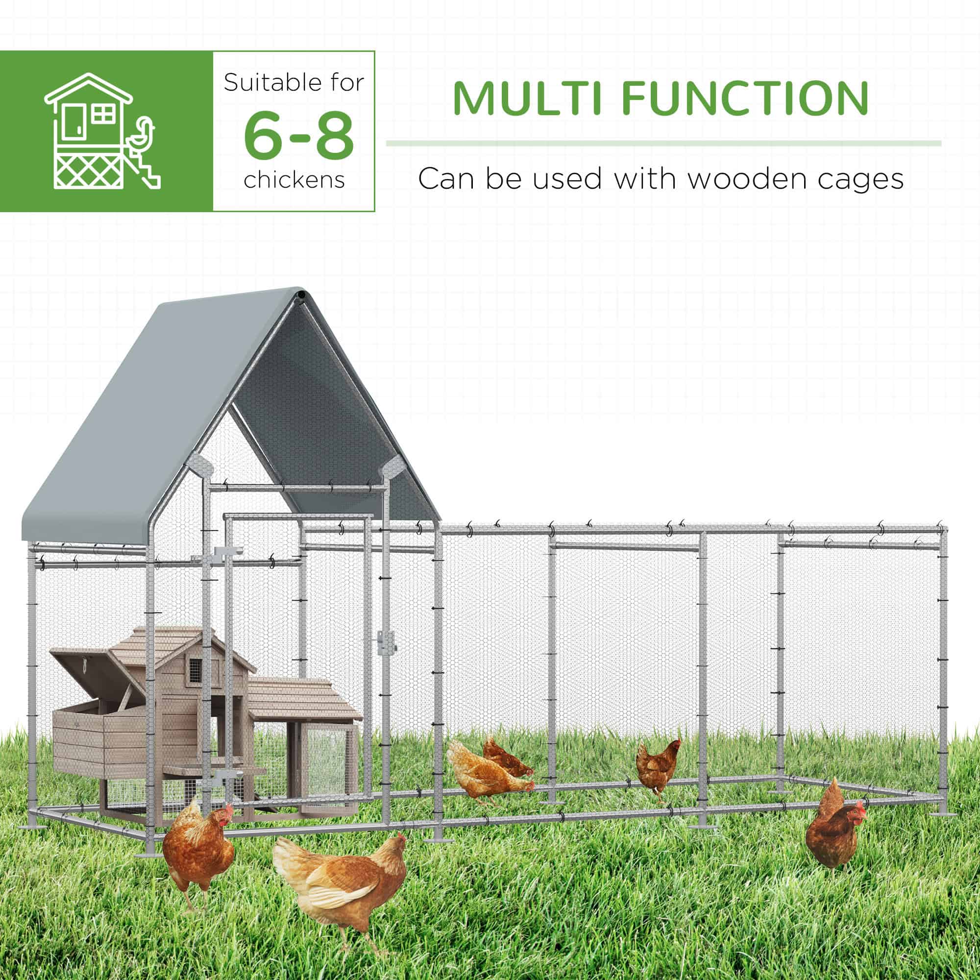 Walk In Chicken Run, Large Galvanized Chicken Coop, Hen Poultry House Cage, Rabbit Hutch Metal Enclosure w/ Water-Resist Cover for Outdoor Backyard Farm, 9.9' x 3.5' x 5.6'