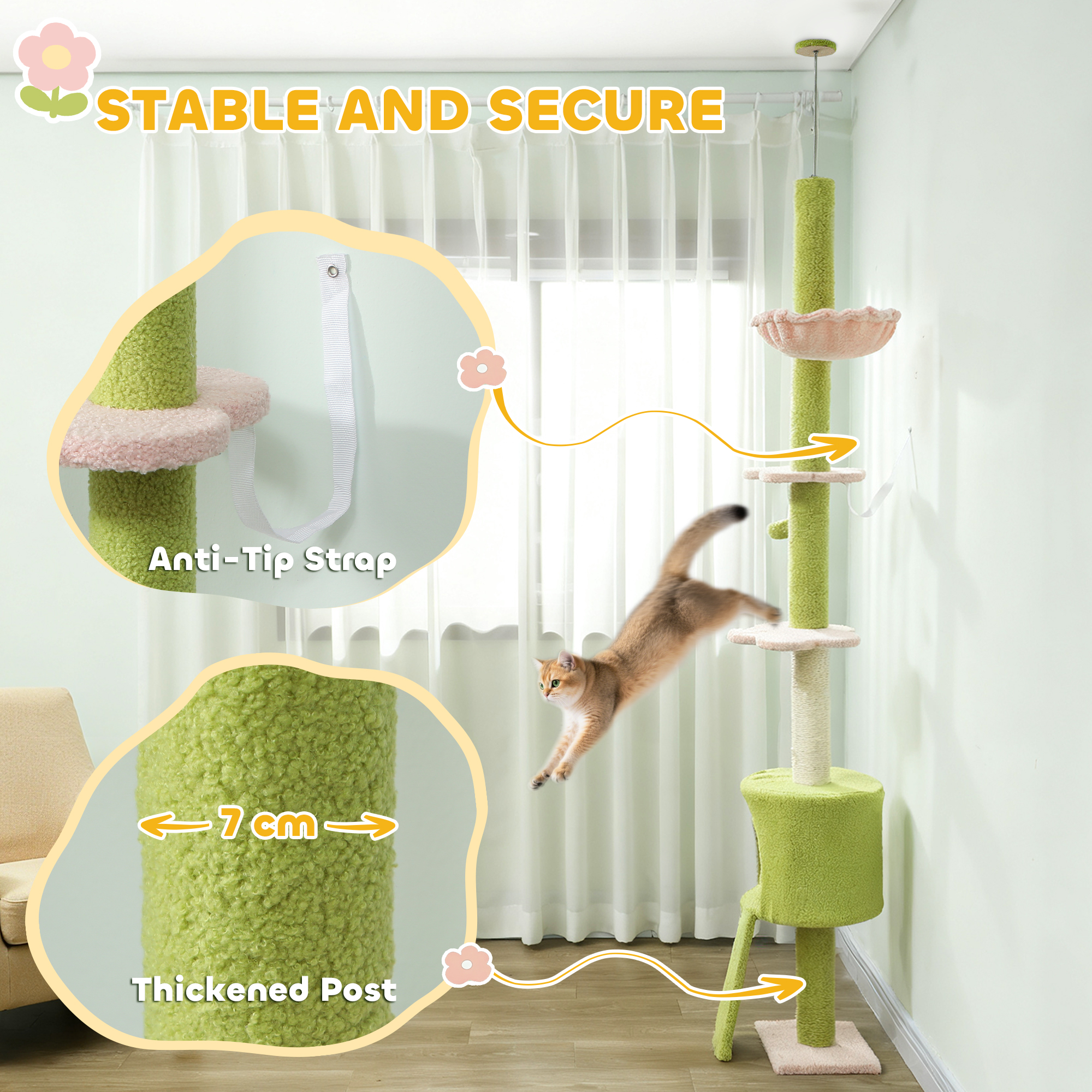 87"-94.5" Floor to Ceiling Cat Tree with Sisal Scratching Post, Condo, Hammock, Ramp, Perches, Green