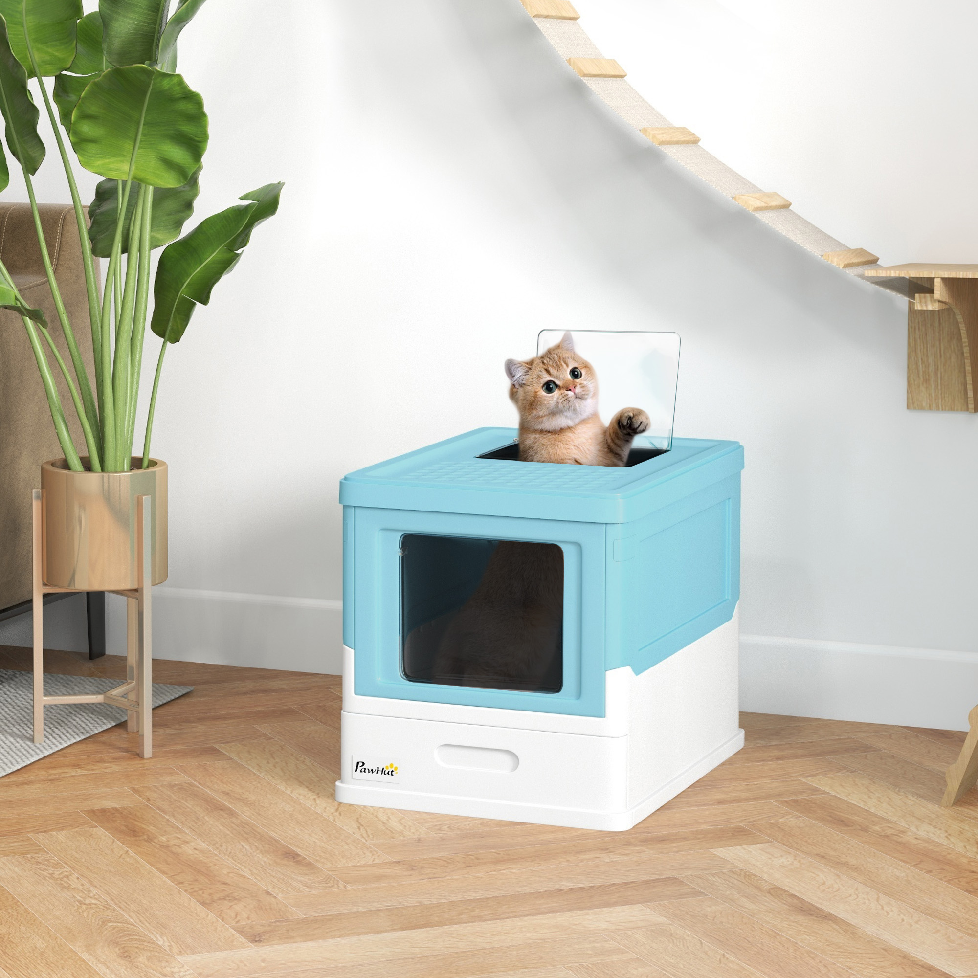 Top Entry Enclosed Kitty Litter Box with Scoop, Tray, Front Entry, Large Space, Foldable, Portable, Blue