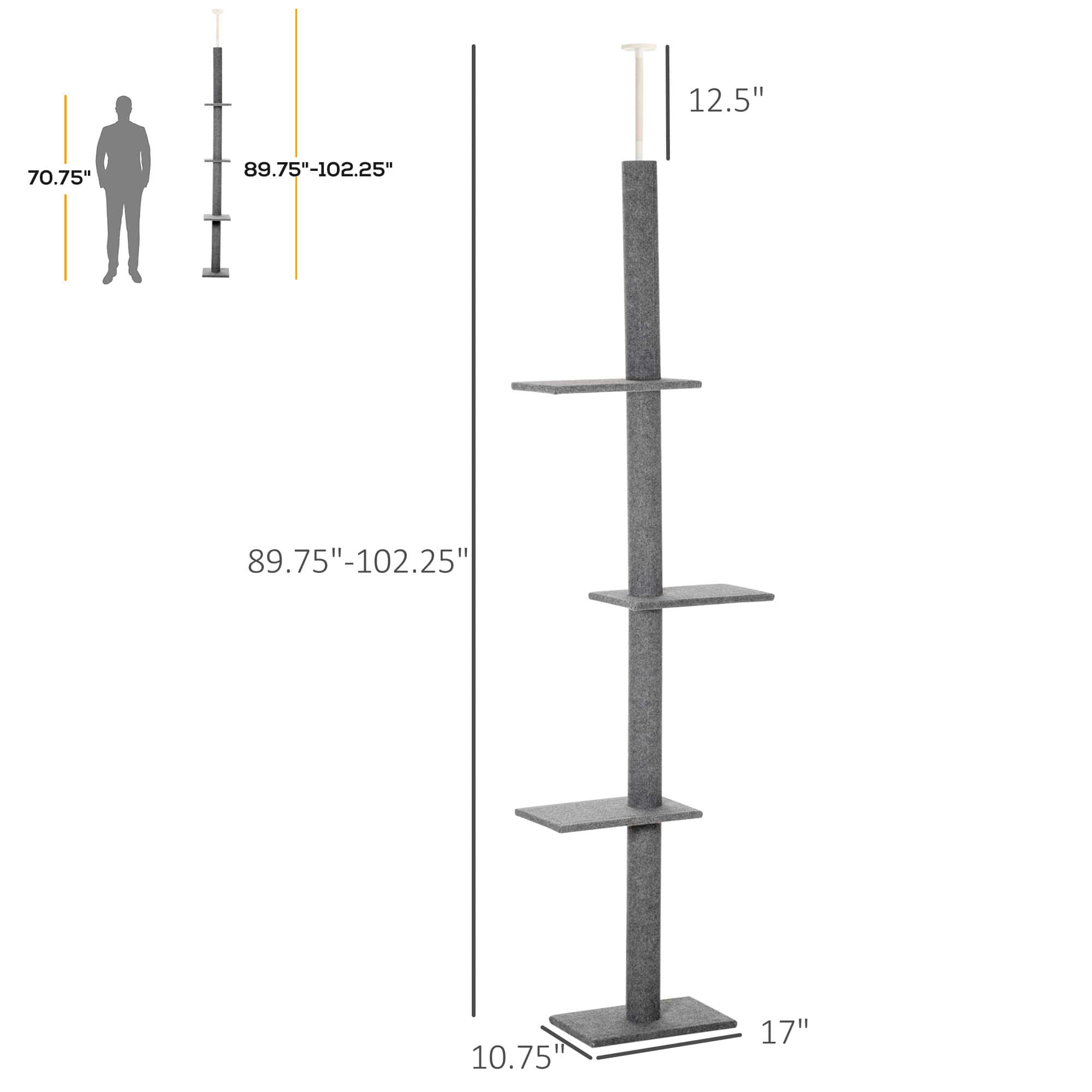 100" Floor To Ceiling Cat Tree w/ 3 Perches Activity Center for Kittens Cat Tower Furniture, Grey - Image 3