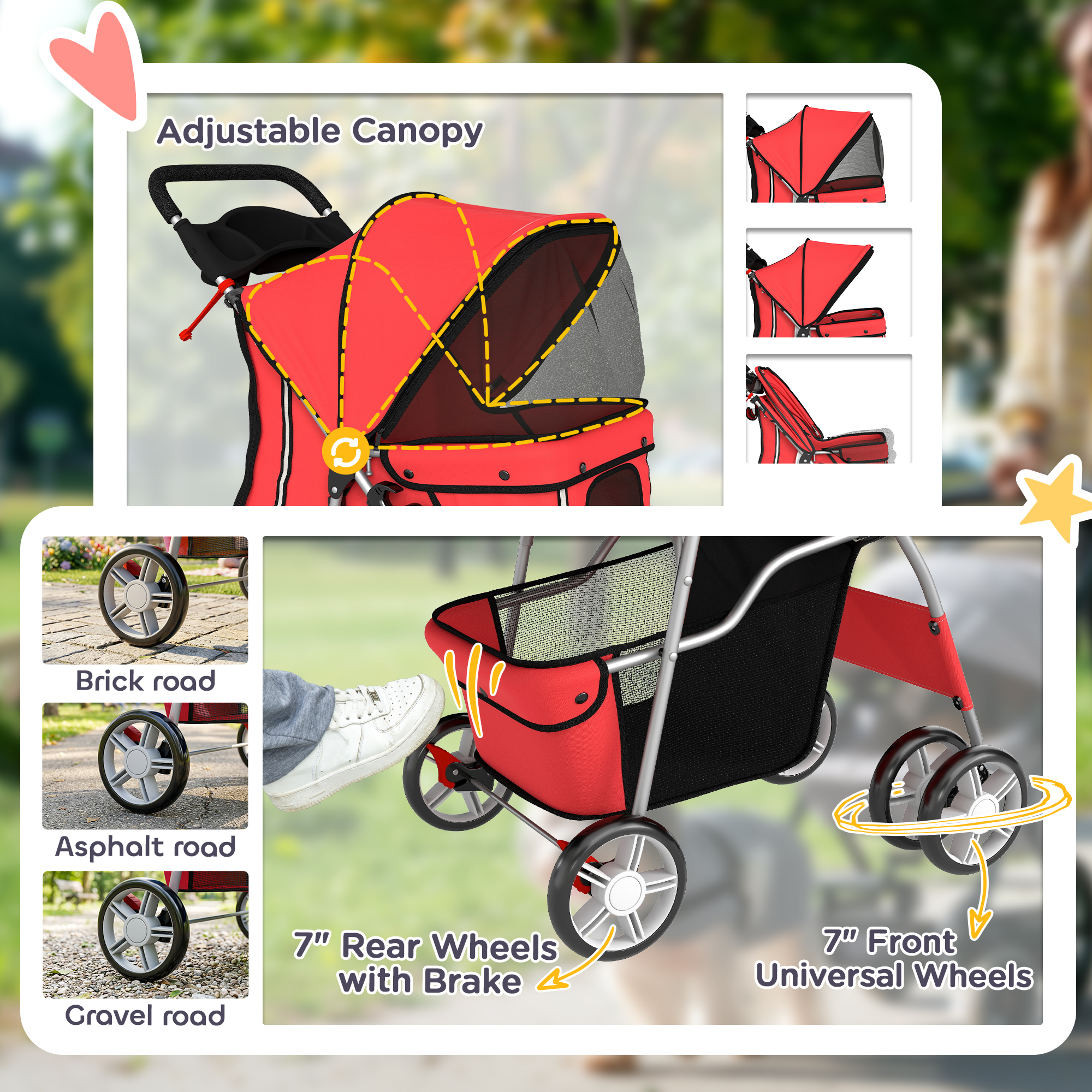 Pet Stroller with Reflective Strips, Foldable Cat Stroller with 360° Swivel Wheels for Small Dogs and Cats, Red