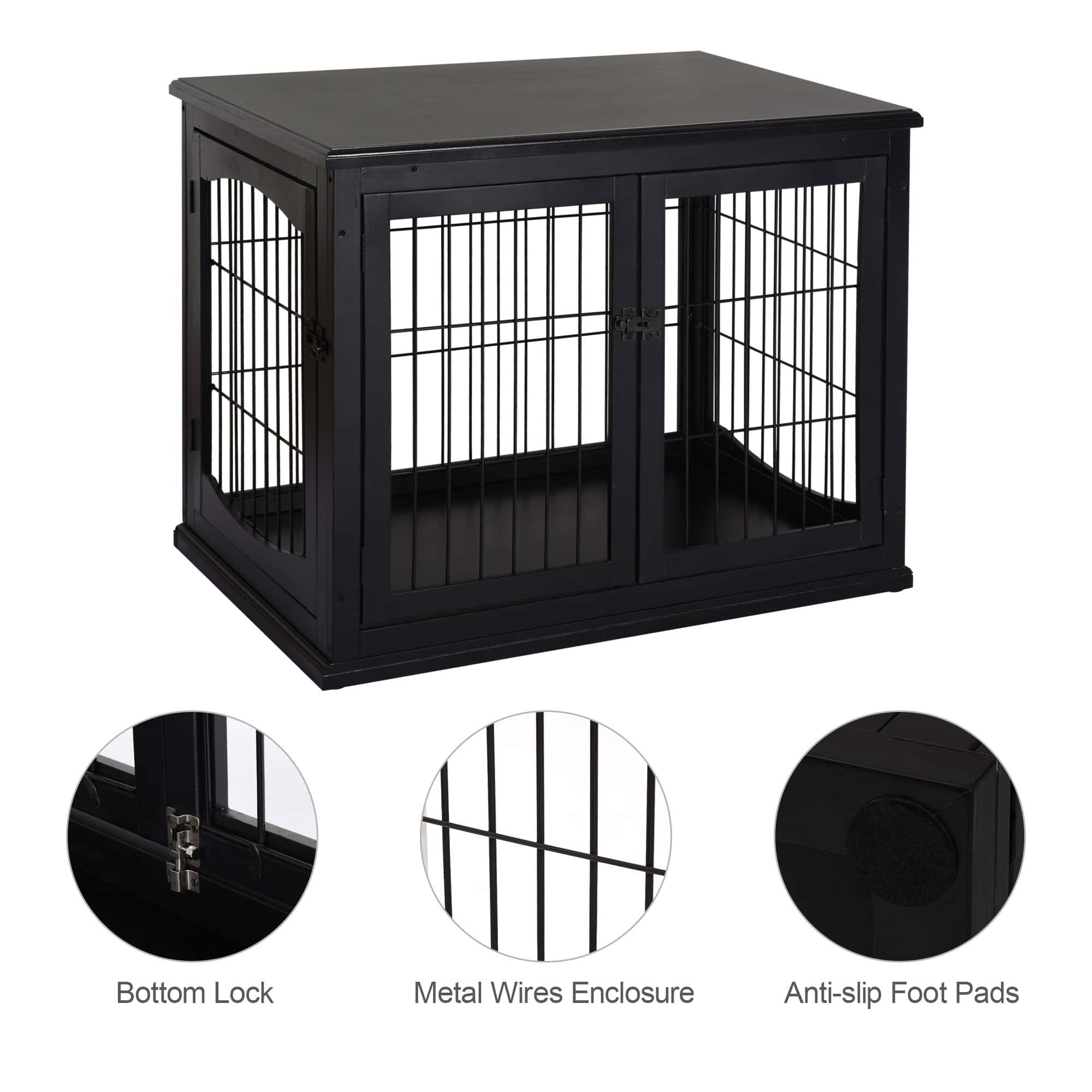 26" Wooden Dog Cage with Double Door Entrance & Simple Modern Design, Black