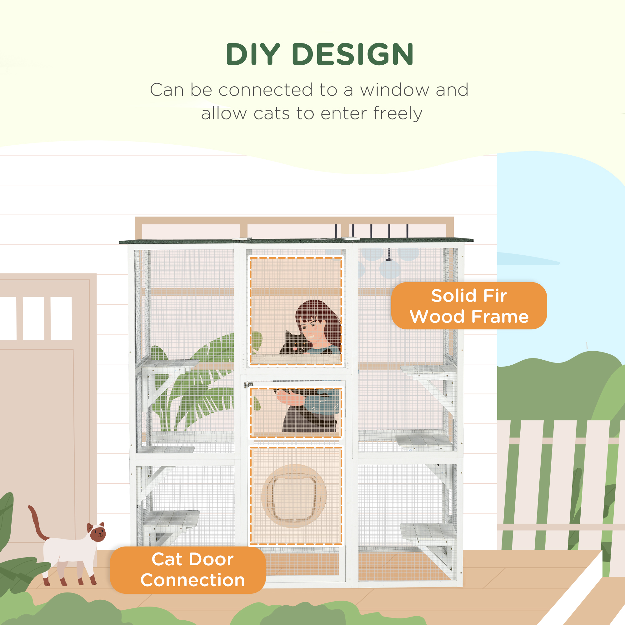 Large Outdoor Catio Enclosure, Wooden Cat Patio with 6 Balanced Platforms and Asphalt Roof, 70.9" x 38.6" x 70.9", White
