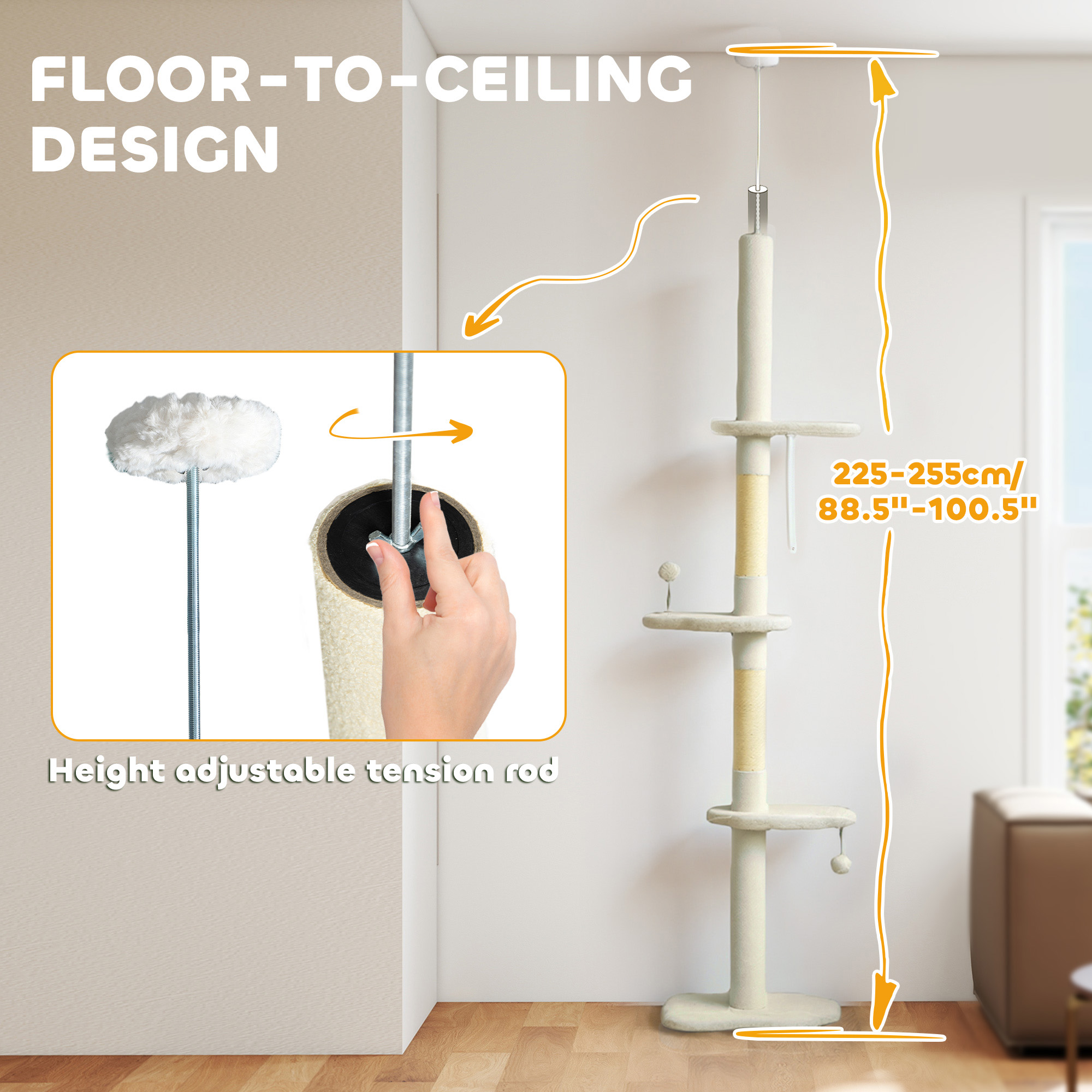 88.5"-100.5" Floor to Ceiling Cat Tree, Cat Tower with Scratching Posts, Cloud Shaped Platforms, Dangling Balls, Cream