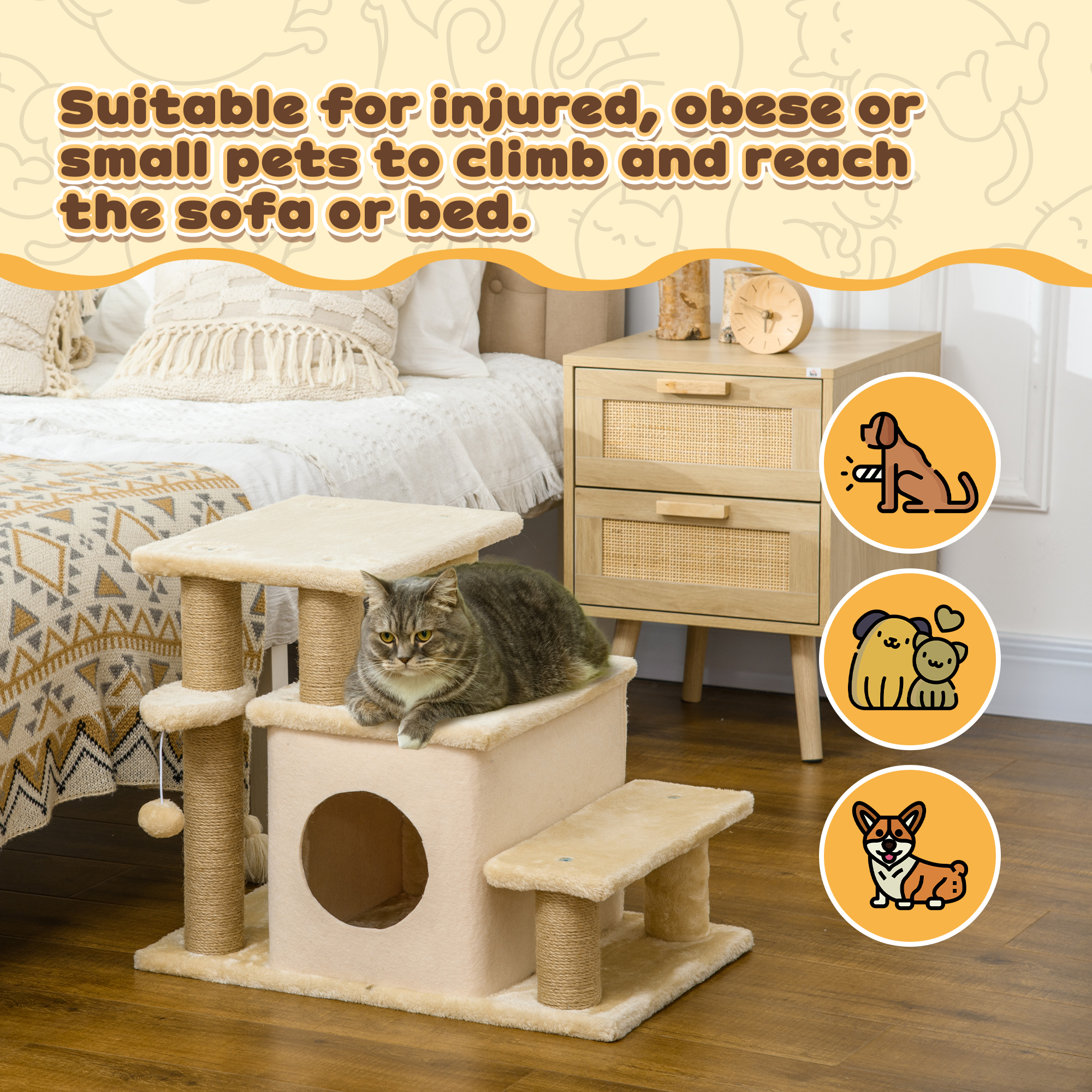 Cat Stairs Pet Steps for Couch Bed with Scratching Posts Condo Ball Toy, 23.6" x 15.7" x 26", Beige