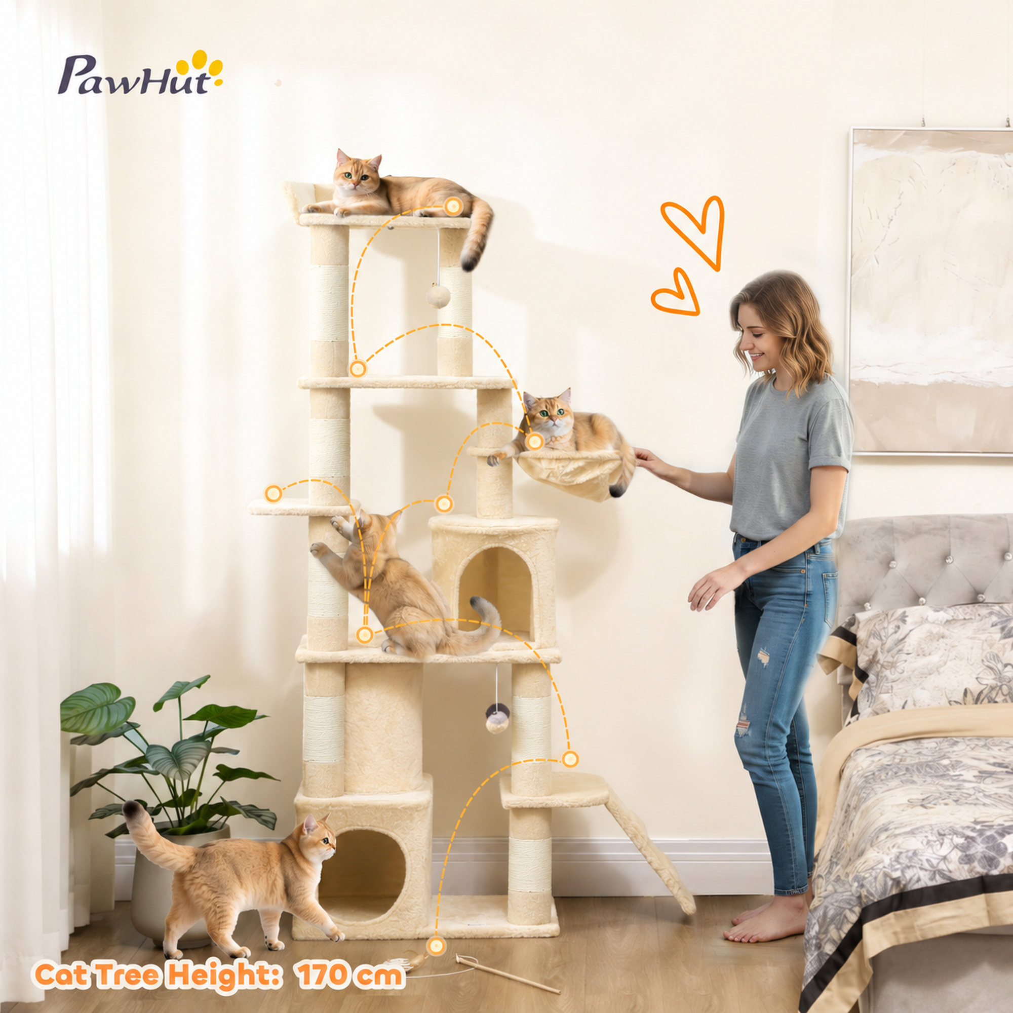 67" Large Cat Tree with 7 Scratching Posts, Tunnel, 2 Condos, Hammock, Perch, Ramp, Pompoms, Beige