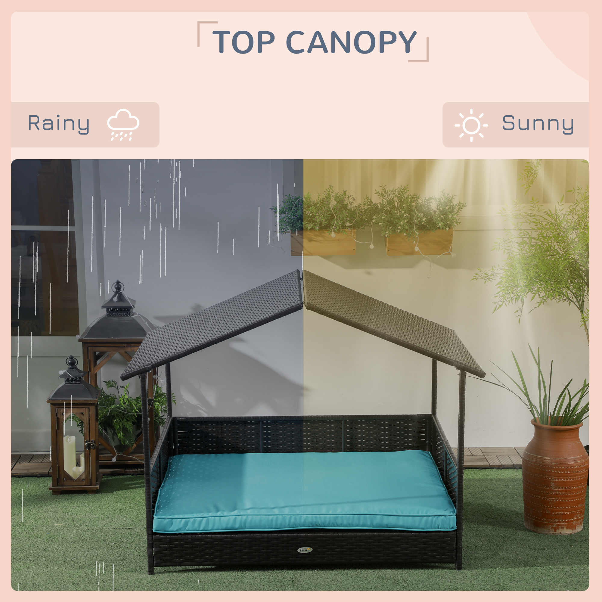 Rattan Dog House with Canopy, Wicker Dog Bed with Water-Resistant Cushion, for Small and Medium Breeds Blue