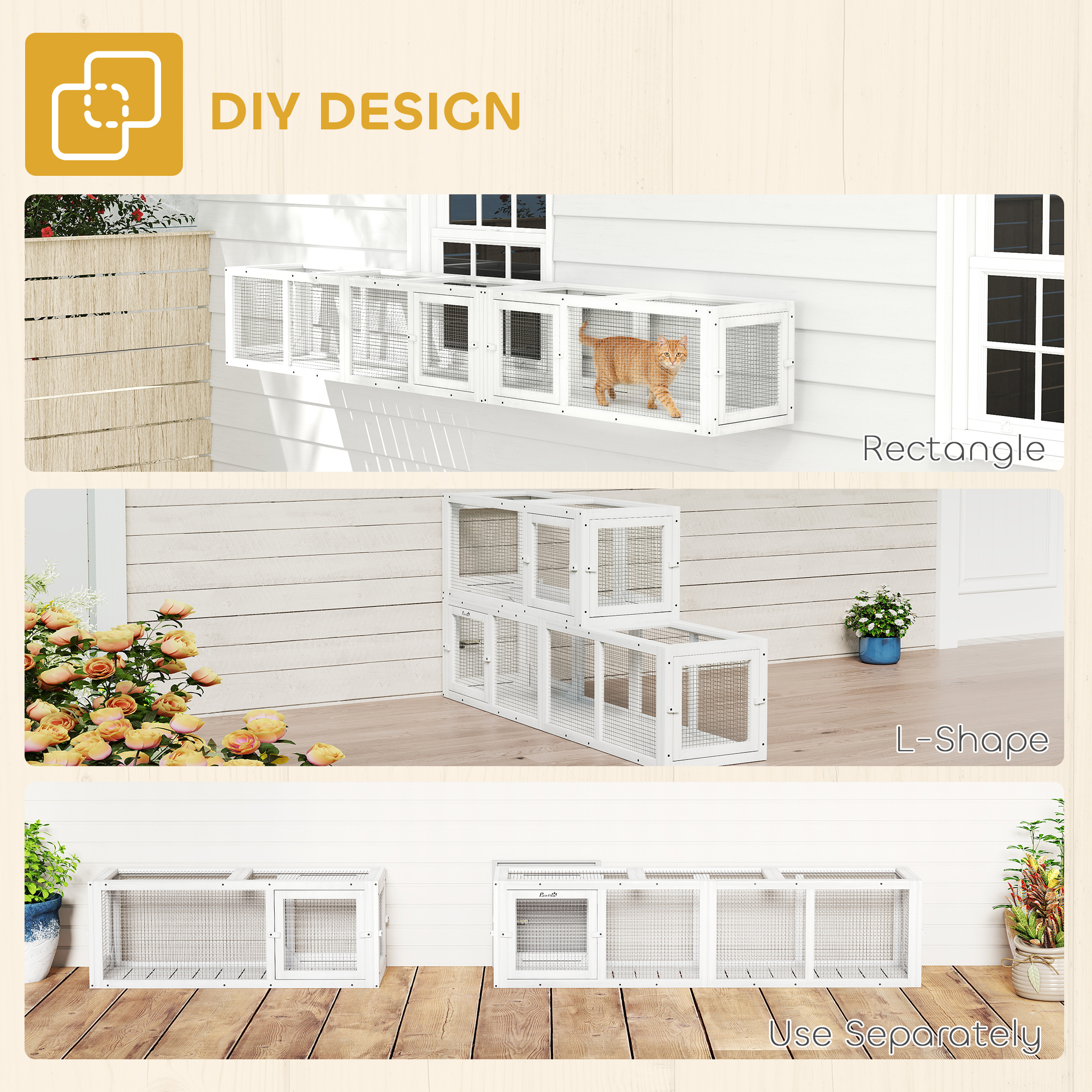 Cat Tunnel, Outdoor Cat Enclosure with Combinable Design, 8 Doors, 98" Kitty Toys for House, Window, Cage, White
