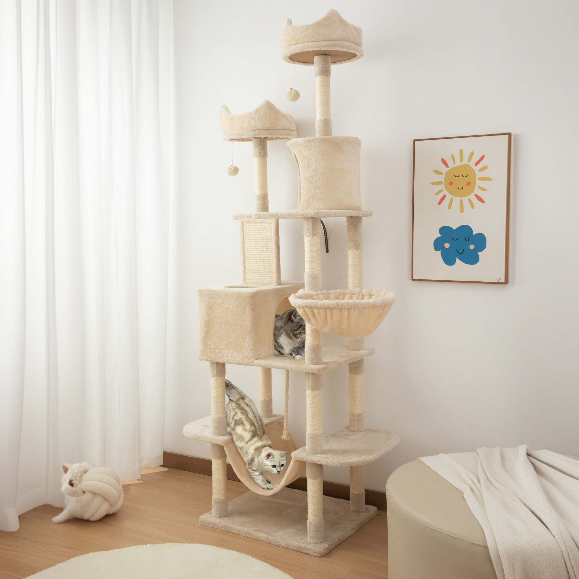 81" Large Cat Tree w/ Scratching Posts, Condos, Beds, Hammocks, Jumping Platforms, Toy Balls, Rope Cat Toy, Beige