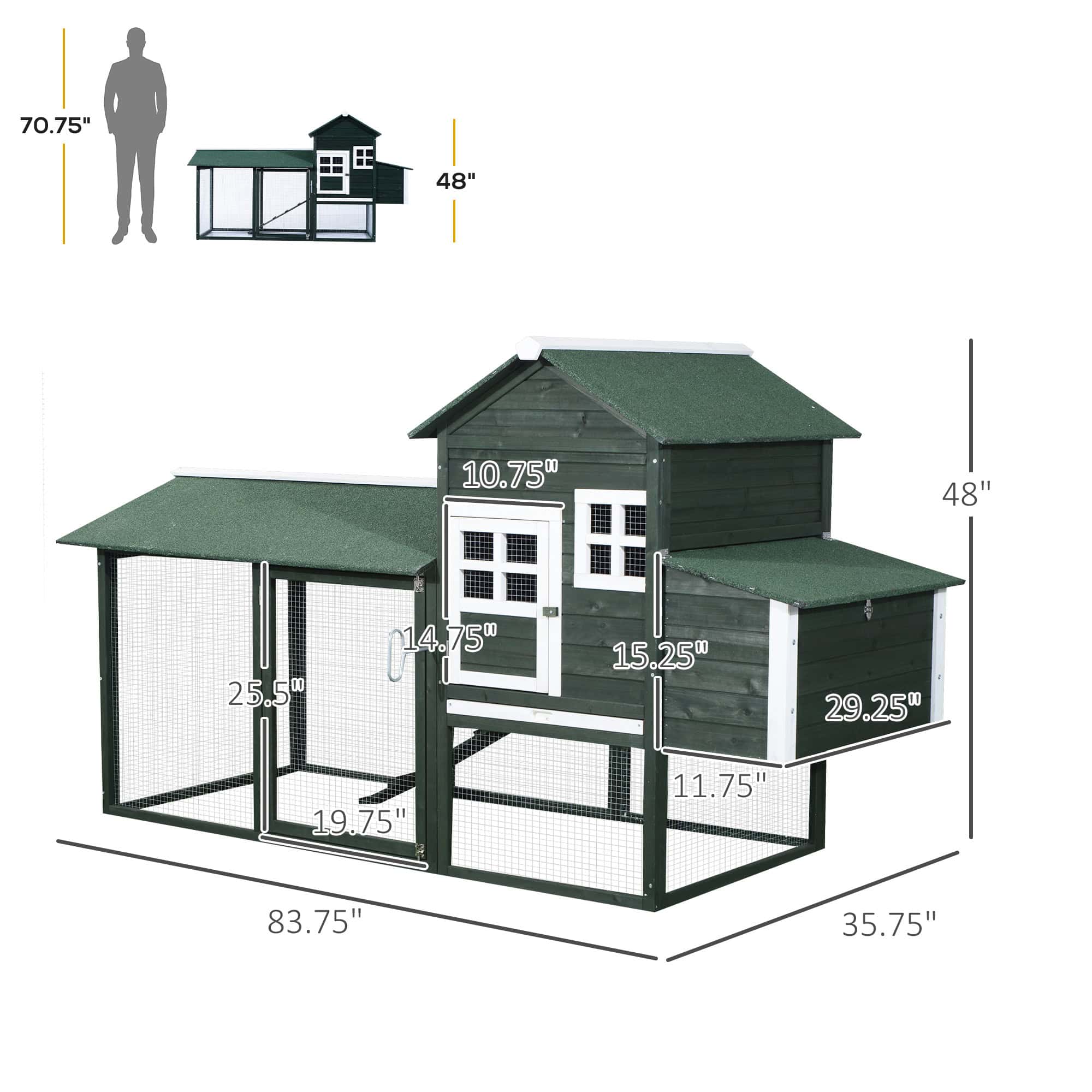 84" Chicken Coop Wooden Hen House Rabbit Hutch Poultry Cage Pen Outdoor Backyard with Nesting Box and Run, Green