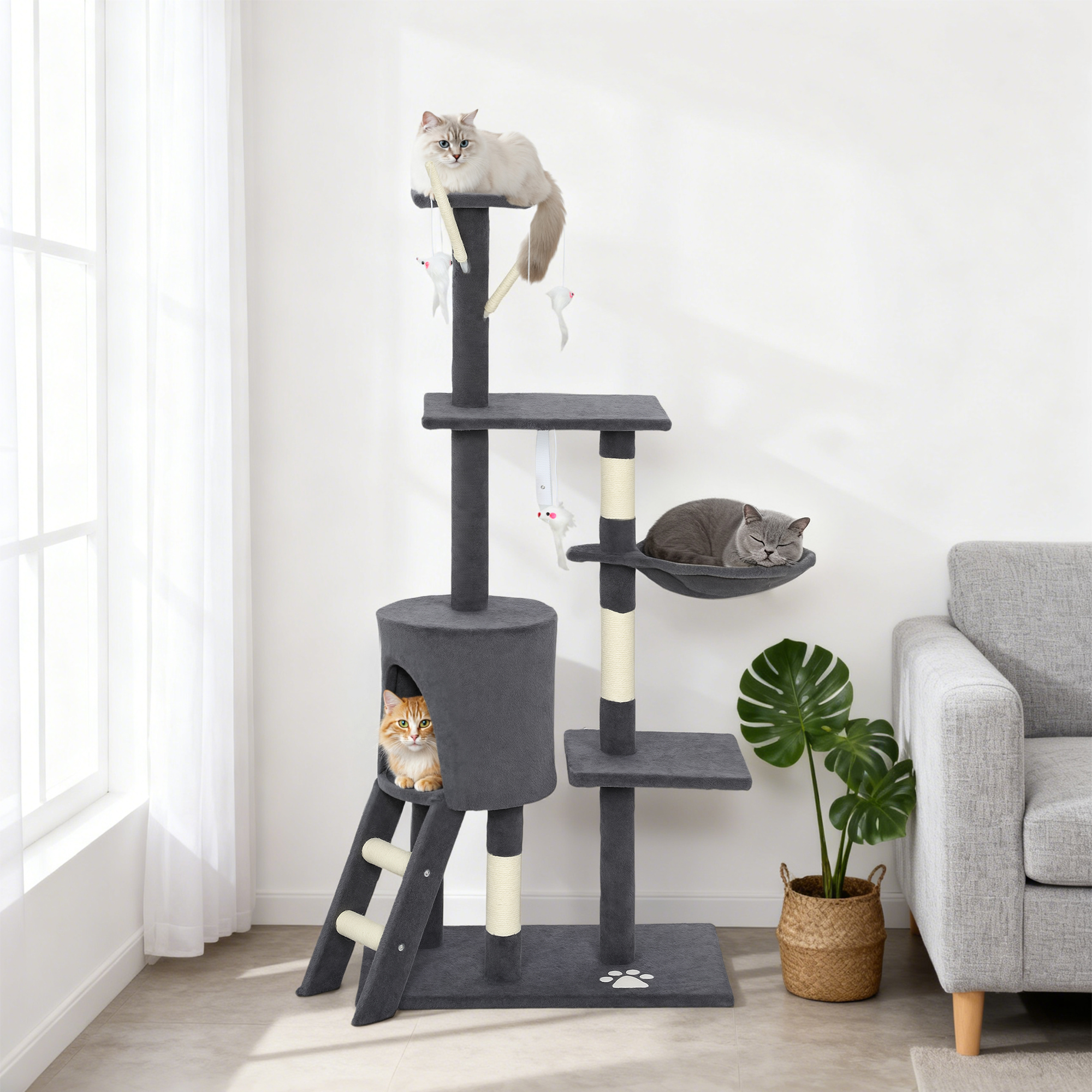 53" Cat Tree Tower, Kitten Activity Centre with Scratching Posts, Condo, Perches, Ladder, Hammock, Dangling Toys, Dark Grey
