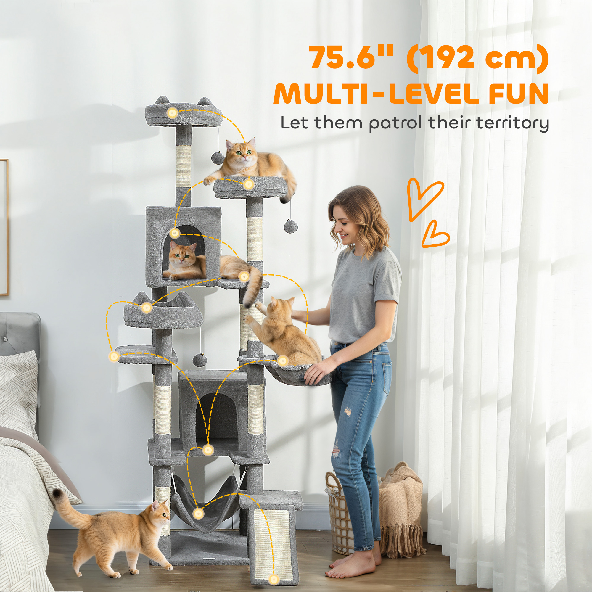 76" Large Cat Tree for Indoor Cats with 8 Scratching Posts, 3 Plush Beds, 2 Hammocks, 2 Large Condos, Ramp, Light Grey
