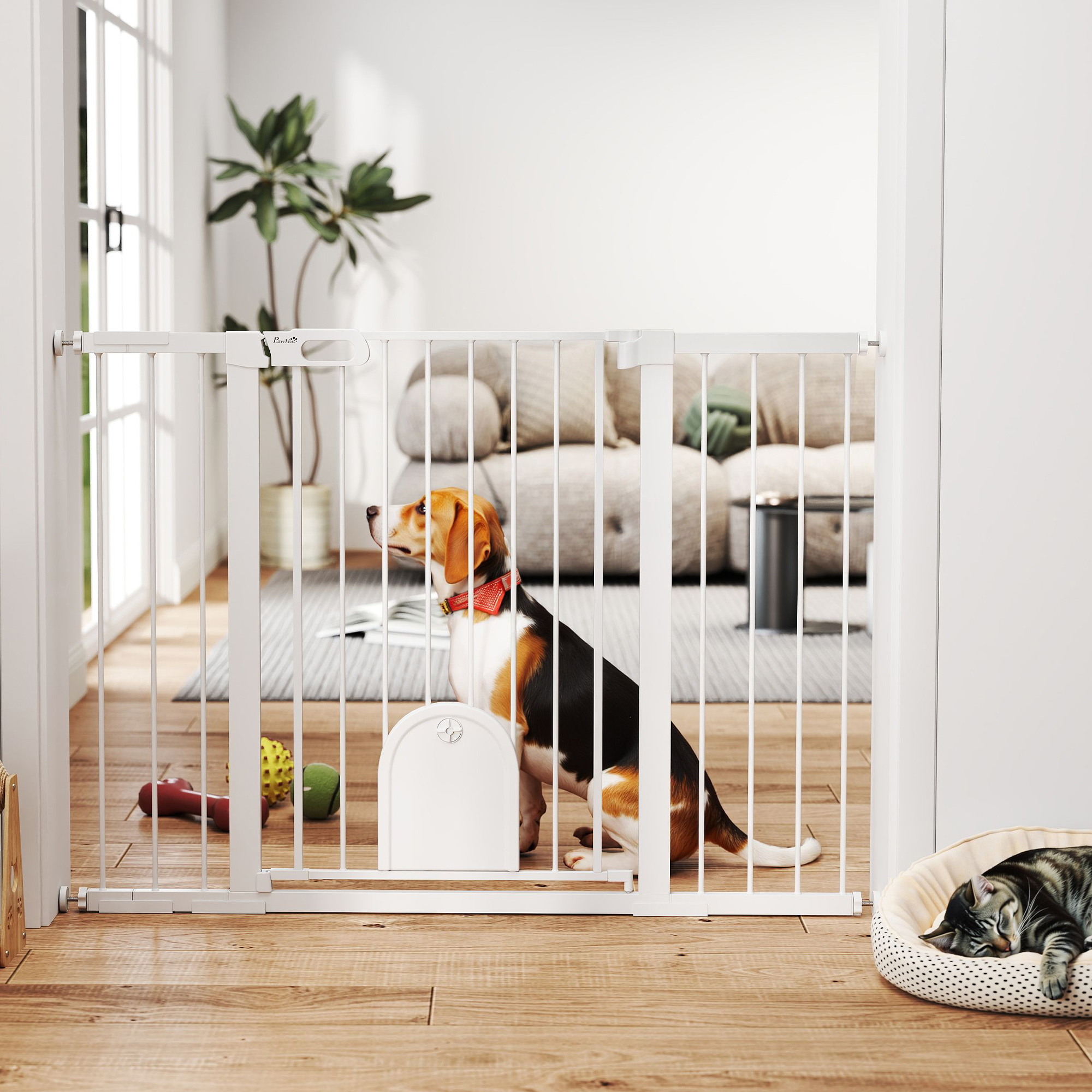 30"-52" Extra Wide Pet Gate Barrier with Small Door, 35"H Dog Gate with Safety Gate Barrier, Stair Pressure Fit, Black