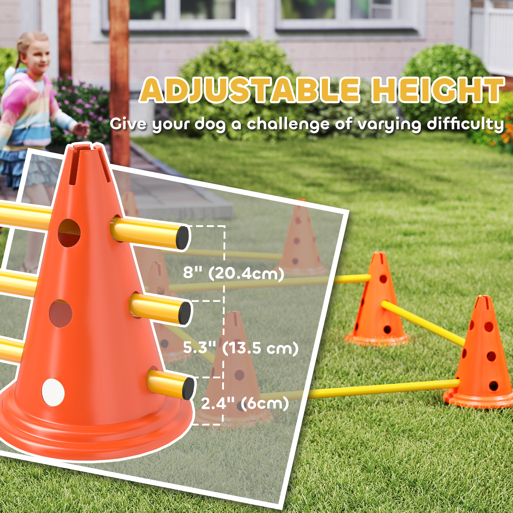 Dog Agility Hurdle Cone Set, Adjustable Obstacle Course Equipment with 8 Cones & 8 Poles, Carry Bag, Orange