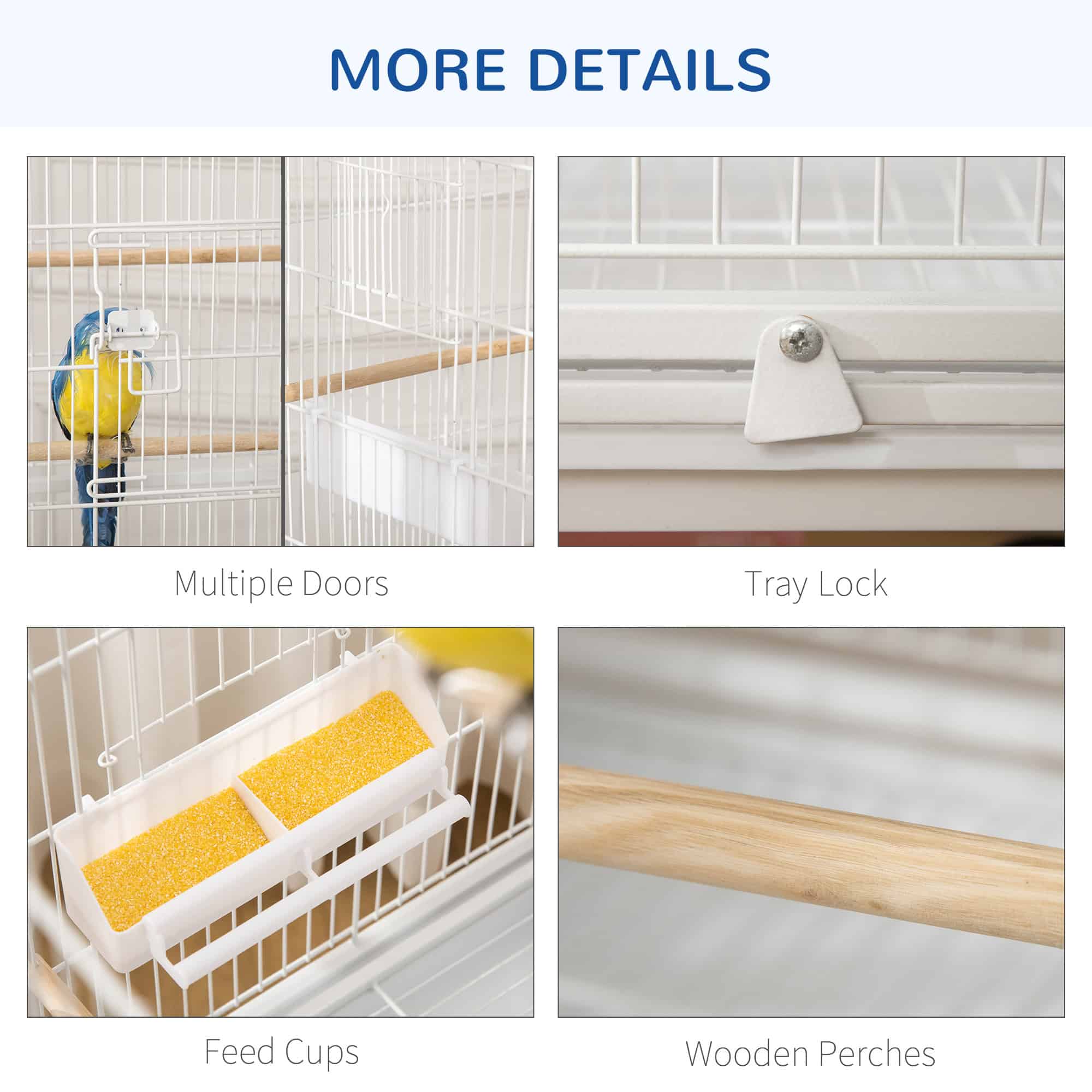 52'' Large Rolling Steel Bird Cage Bird House with Rolling Stand, Storage Shelf, Wood Perch, Food Container, White