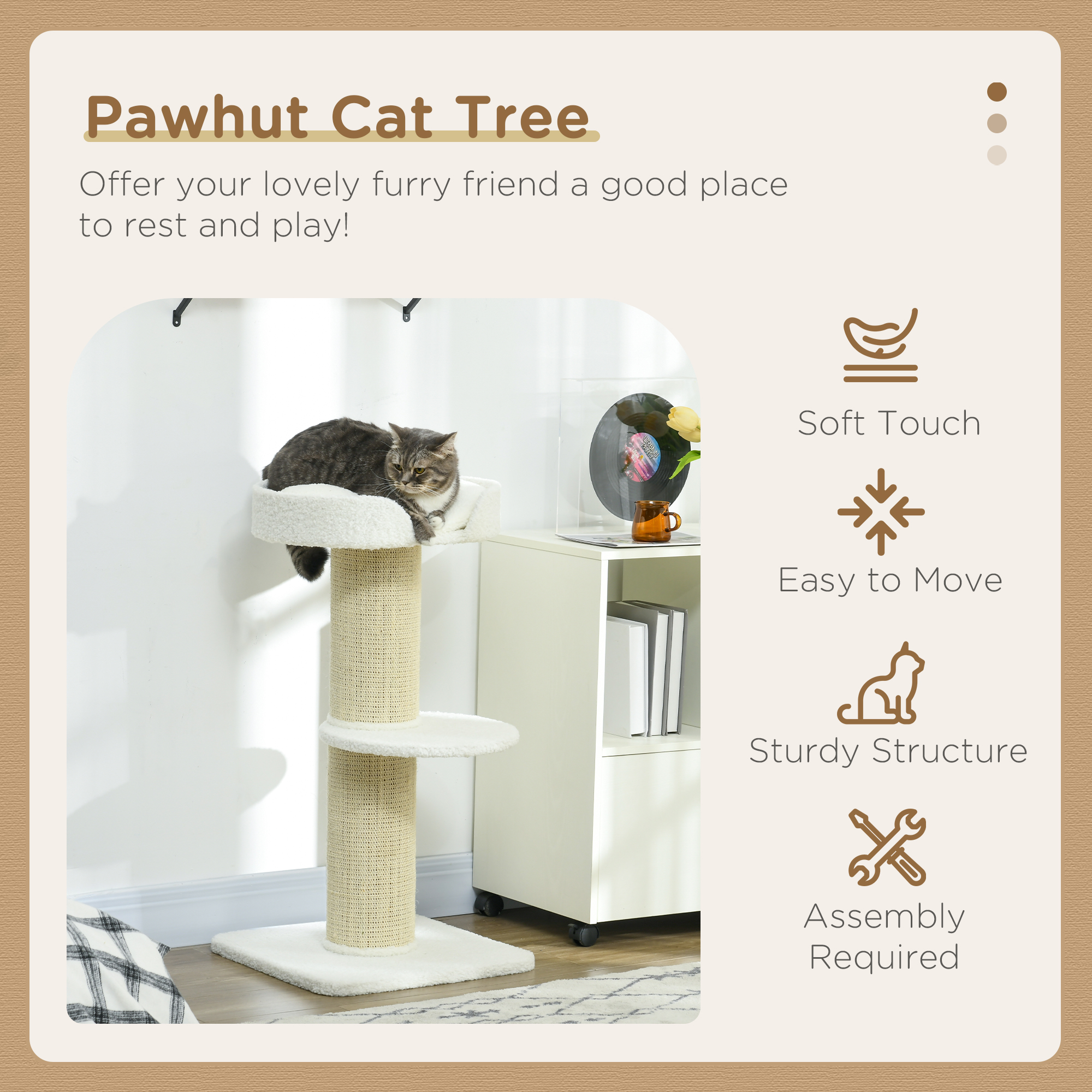 Cat Tree Kitty Tower with Sisal Mat Scratching Post, Cat Bed, Cushion, Perch, 18" x 18" x 36", Cream White