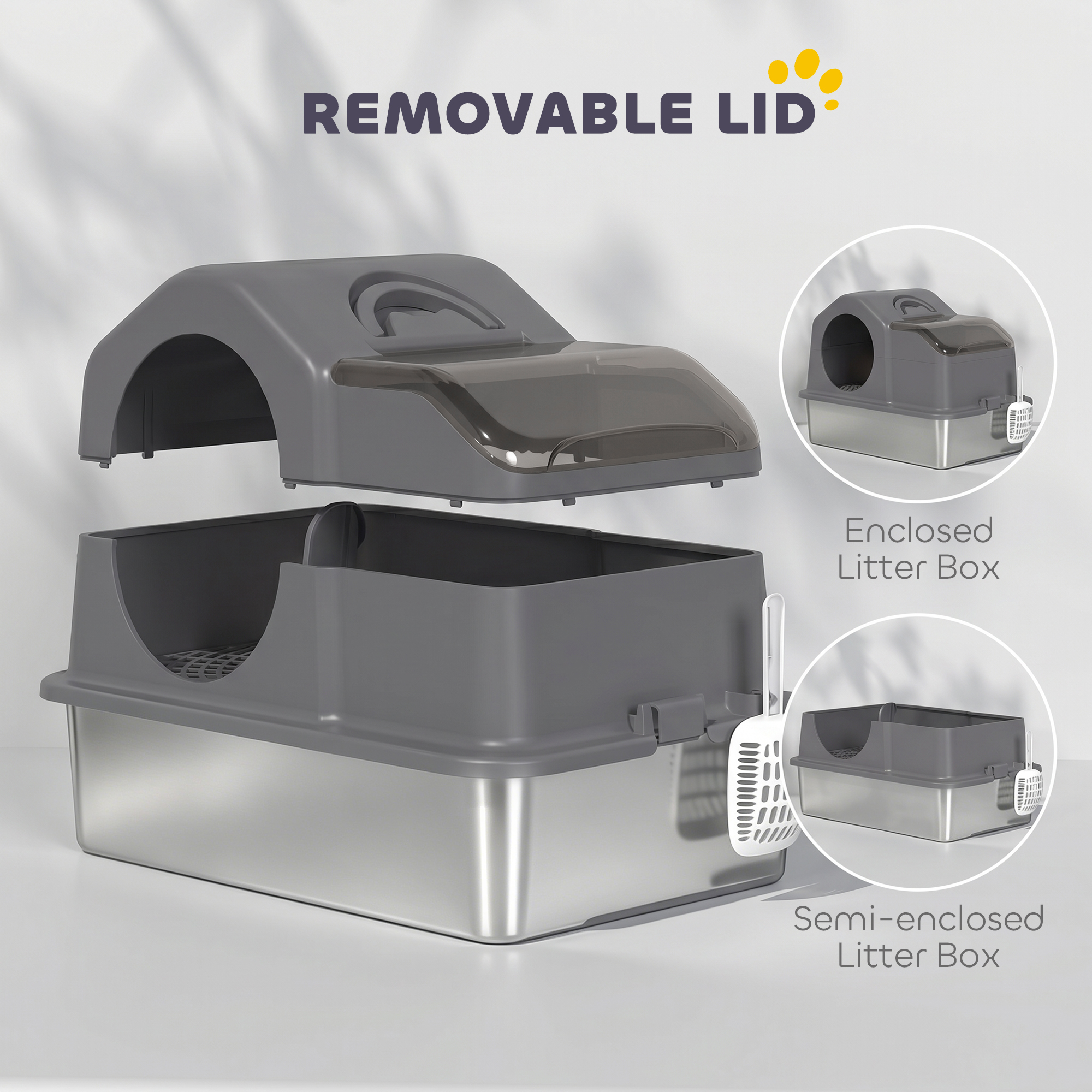 Extra Large Stainless Steel Cat Litter Box w/ High Sided, Removable Lid, Scoop, Odor Free, Non-Sticky, Dark Grey