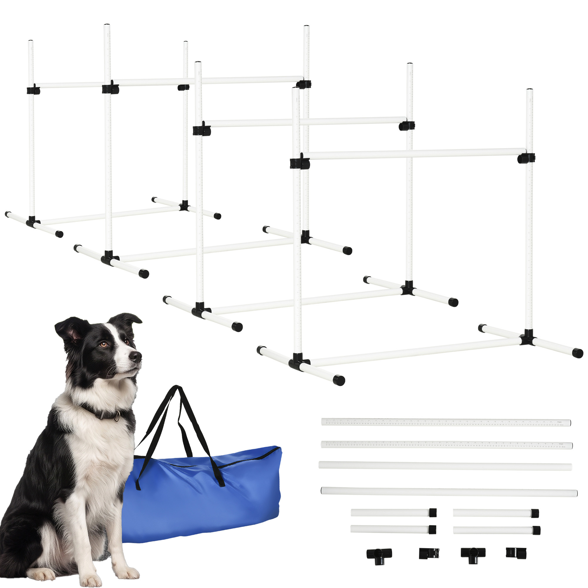 Set of 4 Dog Agility Training Equipment Adjustable Jump Bar Pet Exercise Kit with Carrying Bag (White)