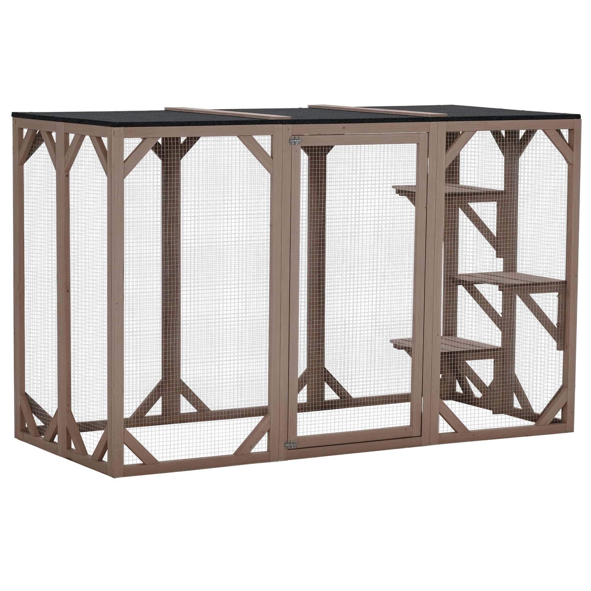 71"L Catio Outdoor Cat Enclosure, Indoor Cat Cage, Pet House, Small Animal Hutch for 1-2 Rabbit, Kitten, Kitty Crate Kennel w/ Waterproof Roof, Multi-Level Platforms, Brown