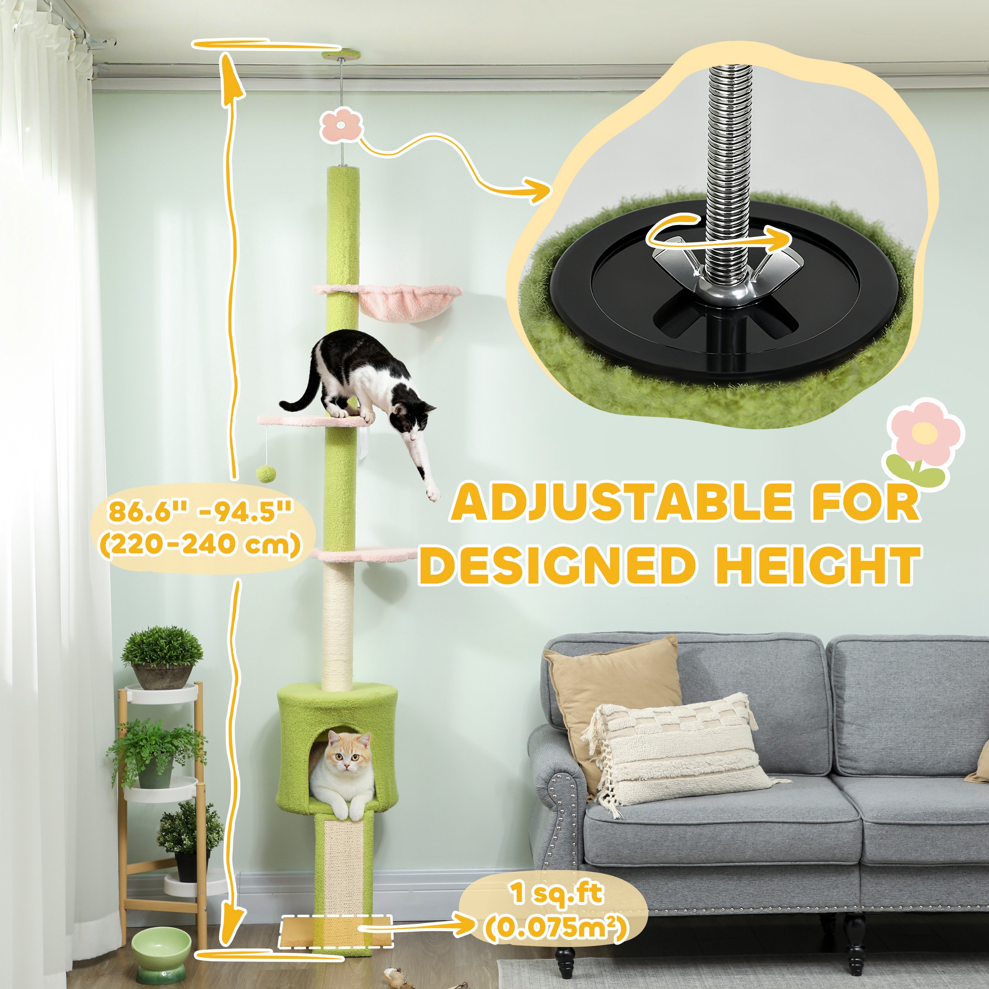 87"-94.5" Floor to Ceiling Cat Tree with Sisal Scratching Post, Condo, Hammock, Ramp, Perches, Green