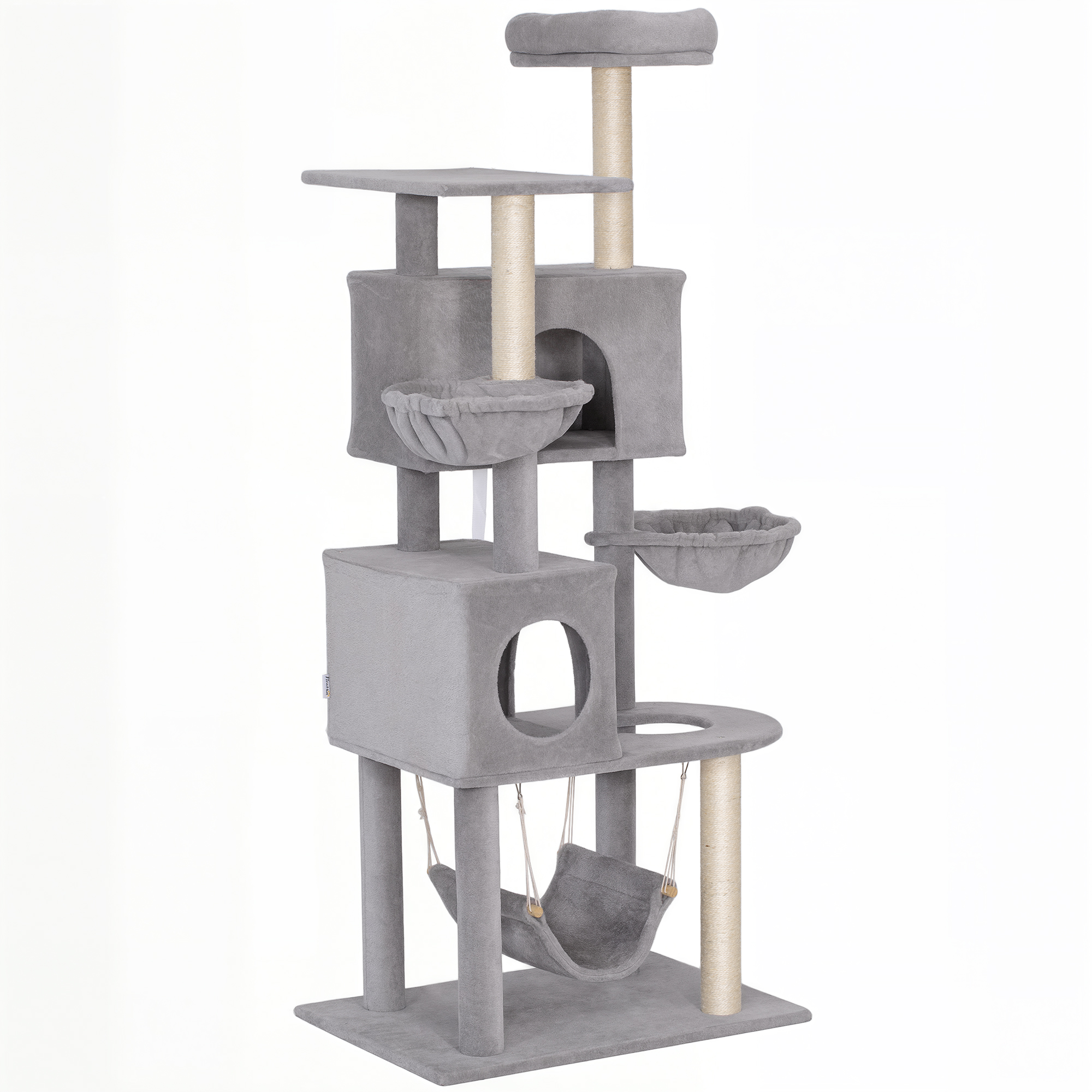 66 Inch Large Cat Tree with 2 Door Condos, 3 Big Hammocks, Plush Top Perch, Sisal Scratching Posts, Light Grey