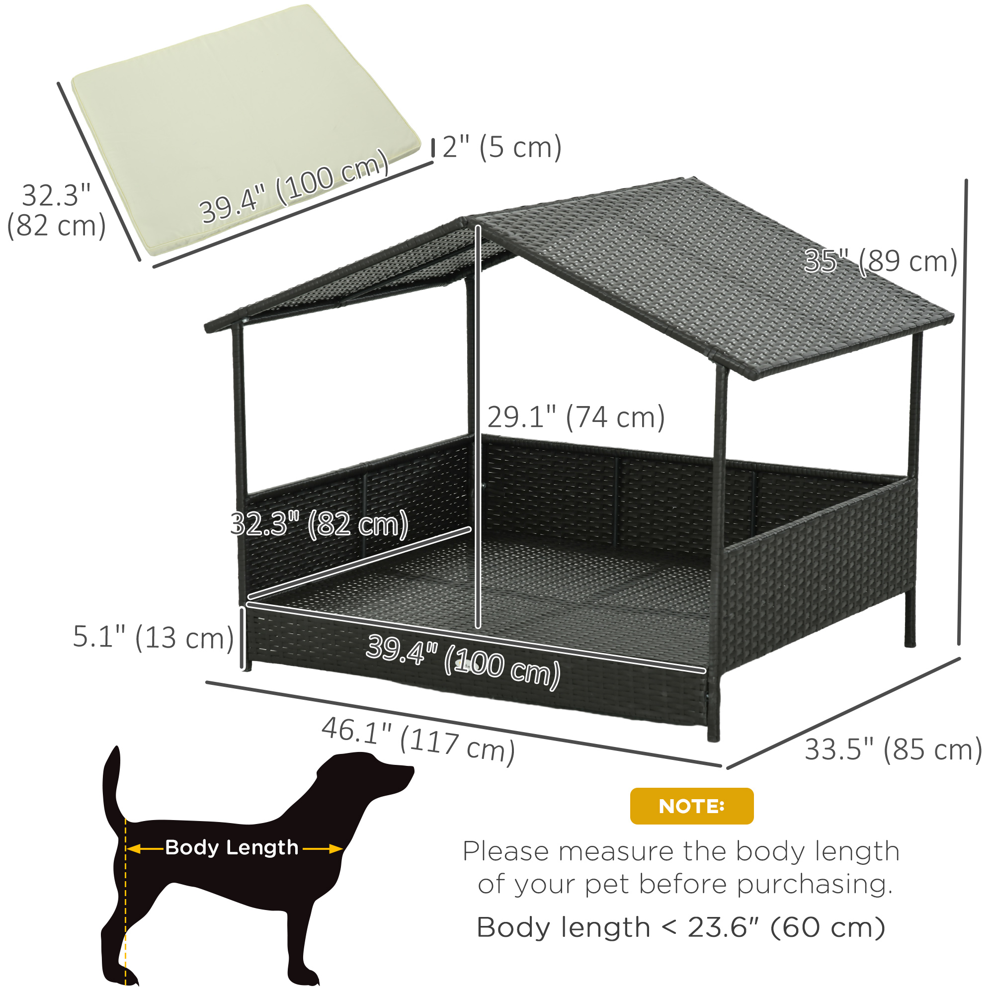 Rattan Dog House with Canopy, Wicker Dog Bed with Water-Resistant Cushion, for Small and Medium Breeds Cream White