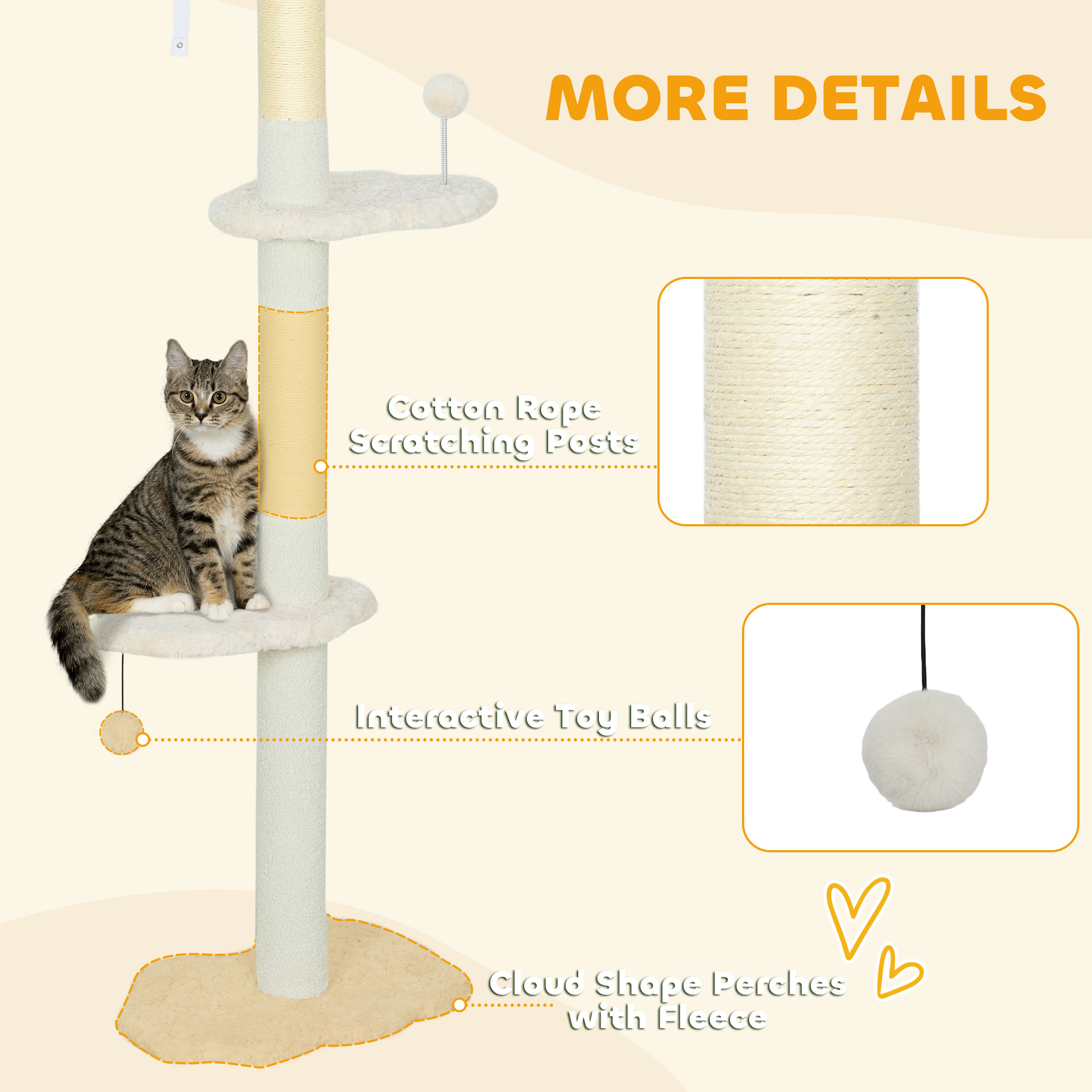 88.5"-100.5" Floor to Ceiling Cat Tree, Cat Tower with Scratching Posts, Cloud Shaped Platforms, Dangling Balls, Cream - Image 6