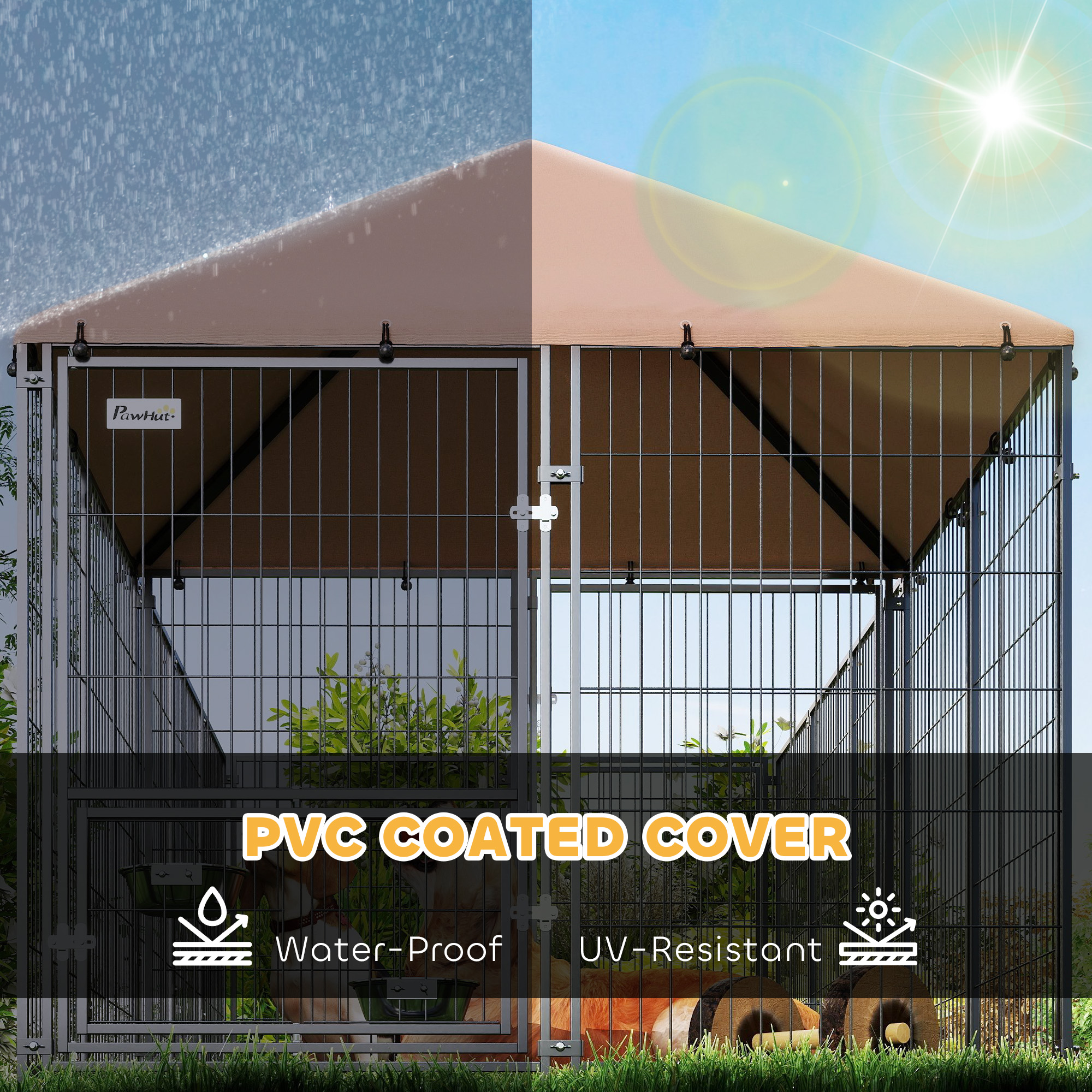 Outdoor Dog Kennel with Rotating and Adjustable Height Bowls, Waterproof UV-Resistant Cover, 11.3' x 4.7' x 5.1'