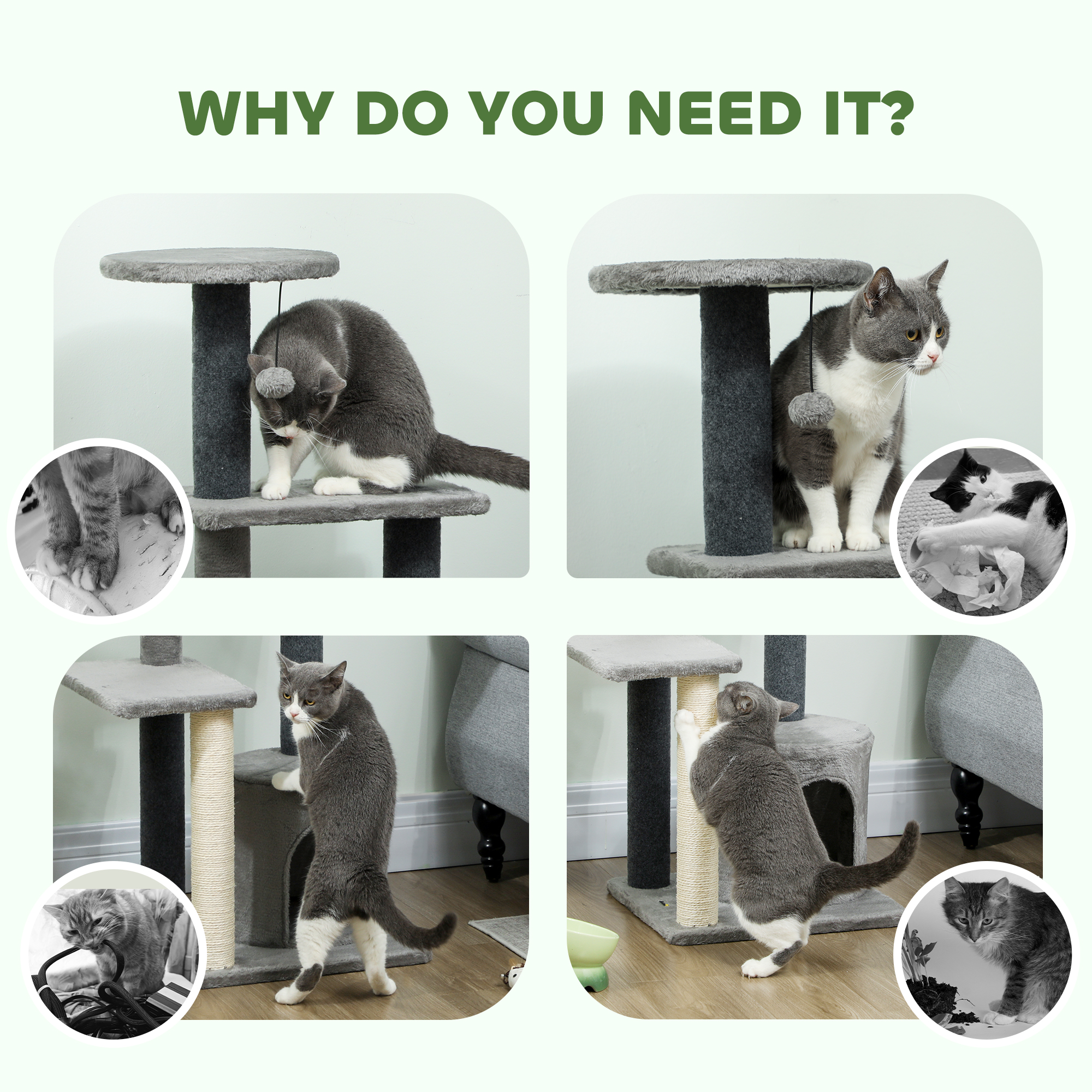 Cat Tree Cat Tower Multi-Level with Sisal Scratching Post for Kittens and Adults Grey Large 41"H