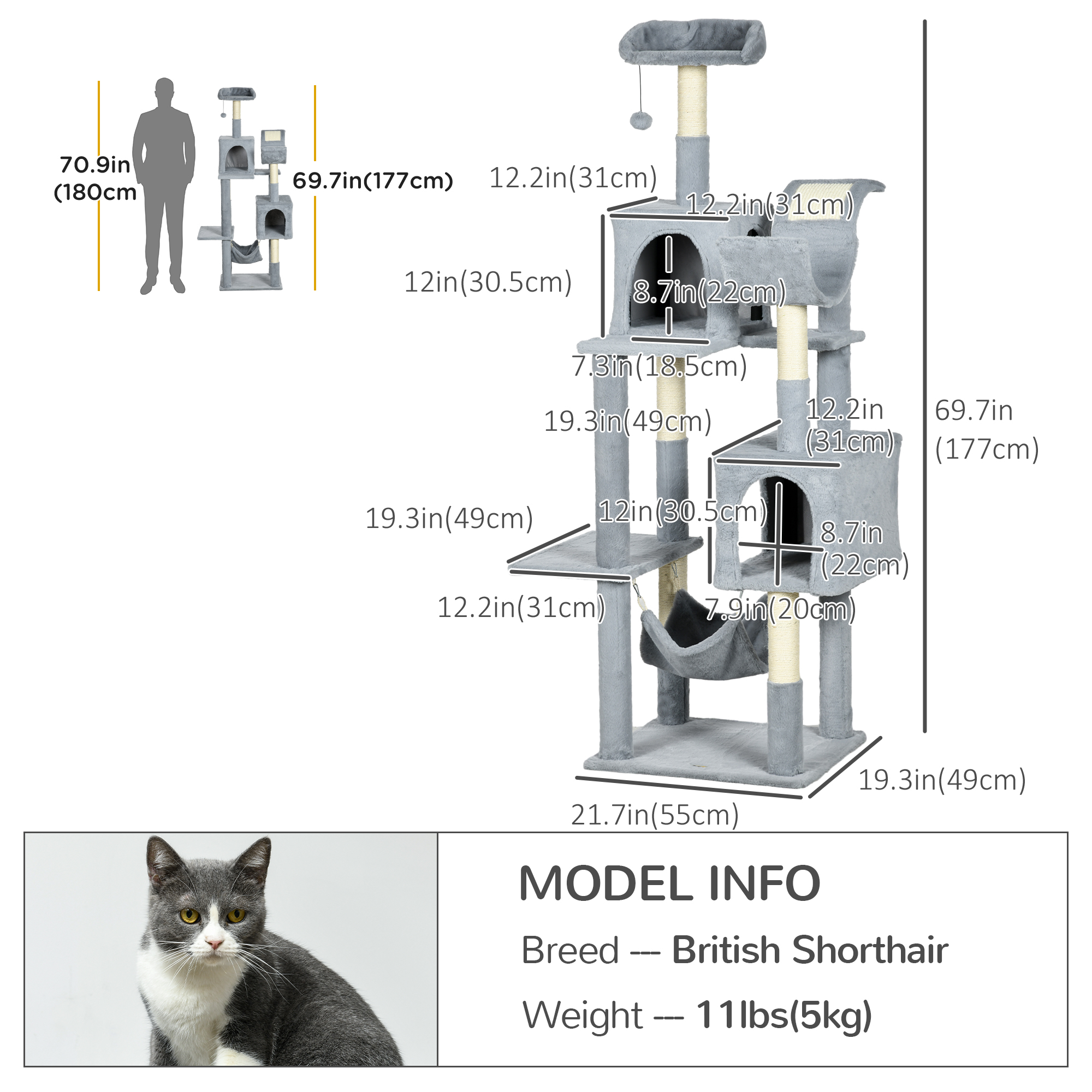 Tall Cat Tree for Indoor Cats, 70" Multi-Level Cat Tower with Hammock, Cat Bed, Cat Condo with Sisal Scratching Posts, Bluish Grey