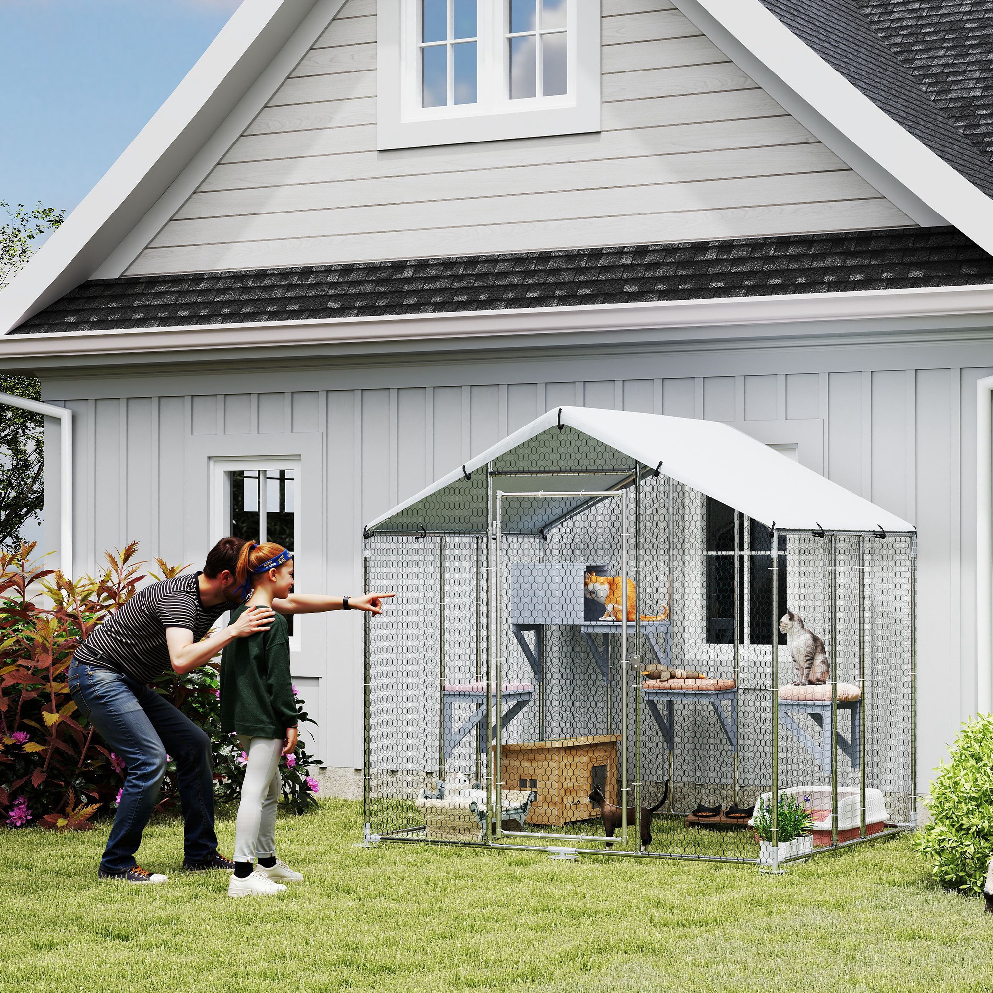 79" Extra Large Metal Outdoor Catio with Waterproof Cover, Resting Box, 4 Platforms, for Multiple Rabbits, Chicken