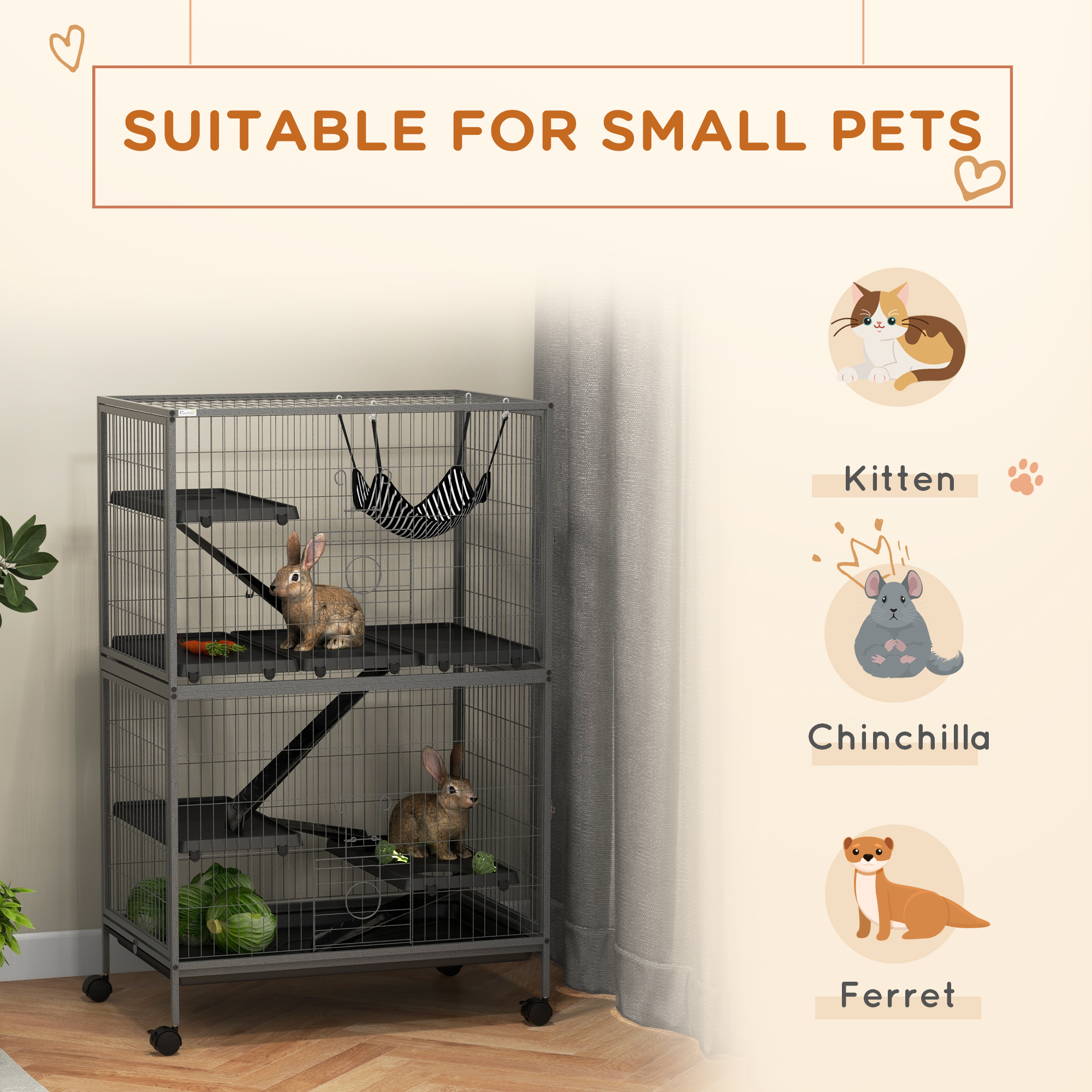 5-Tier Rolling Small Animal Cage, Deluxe Guinea Pig Cage, Ferret Cage for Mink Chinchilla Kitten Rabbit Grey