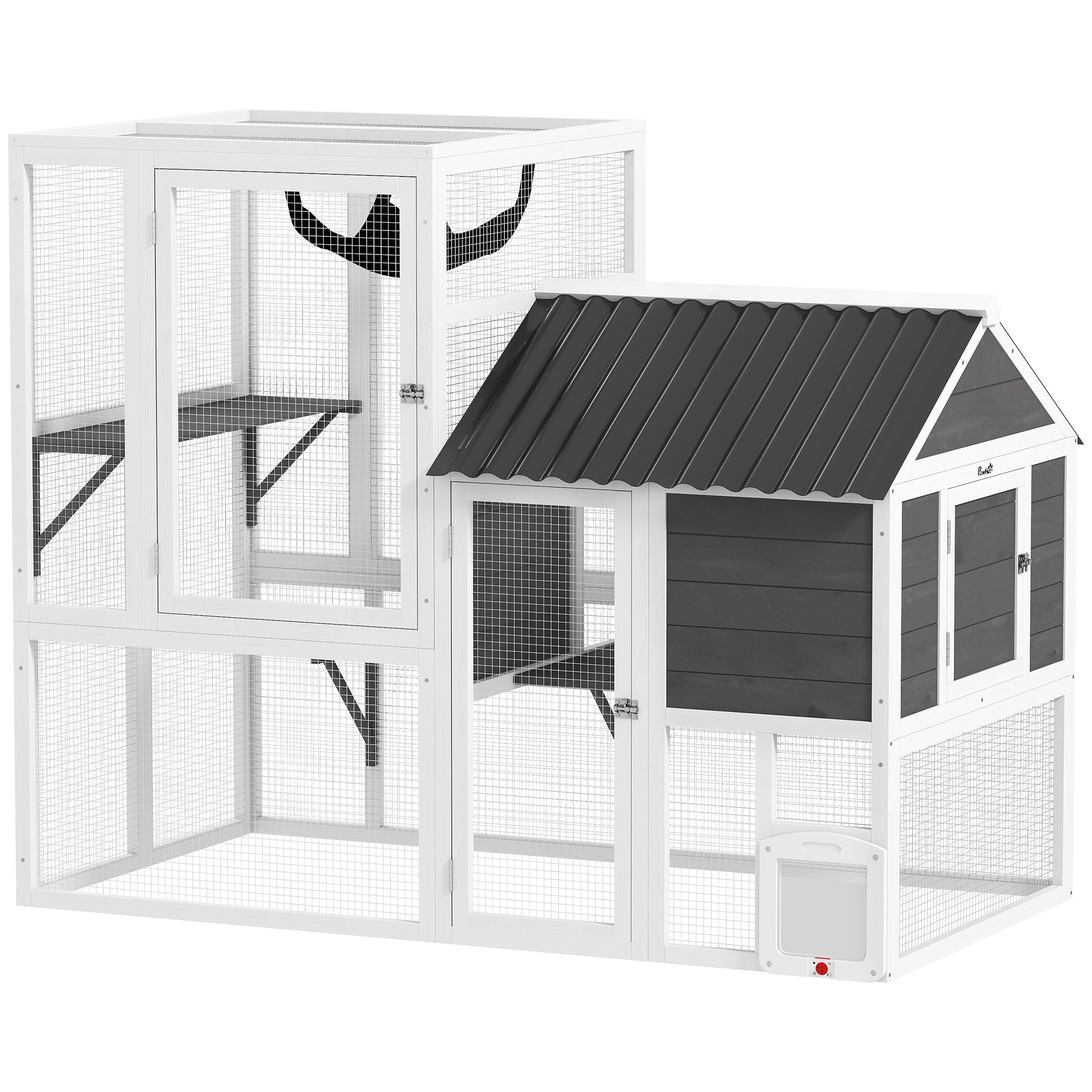 Catio Outdoor Cat Enclosure, 63" L Large Cat House with 4-Way Adjustable Door, Private House, Hammock, 2 Platforms