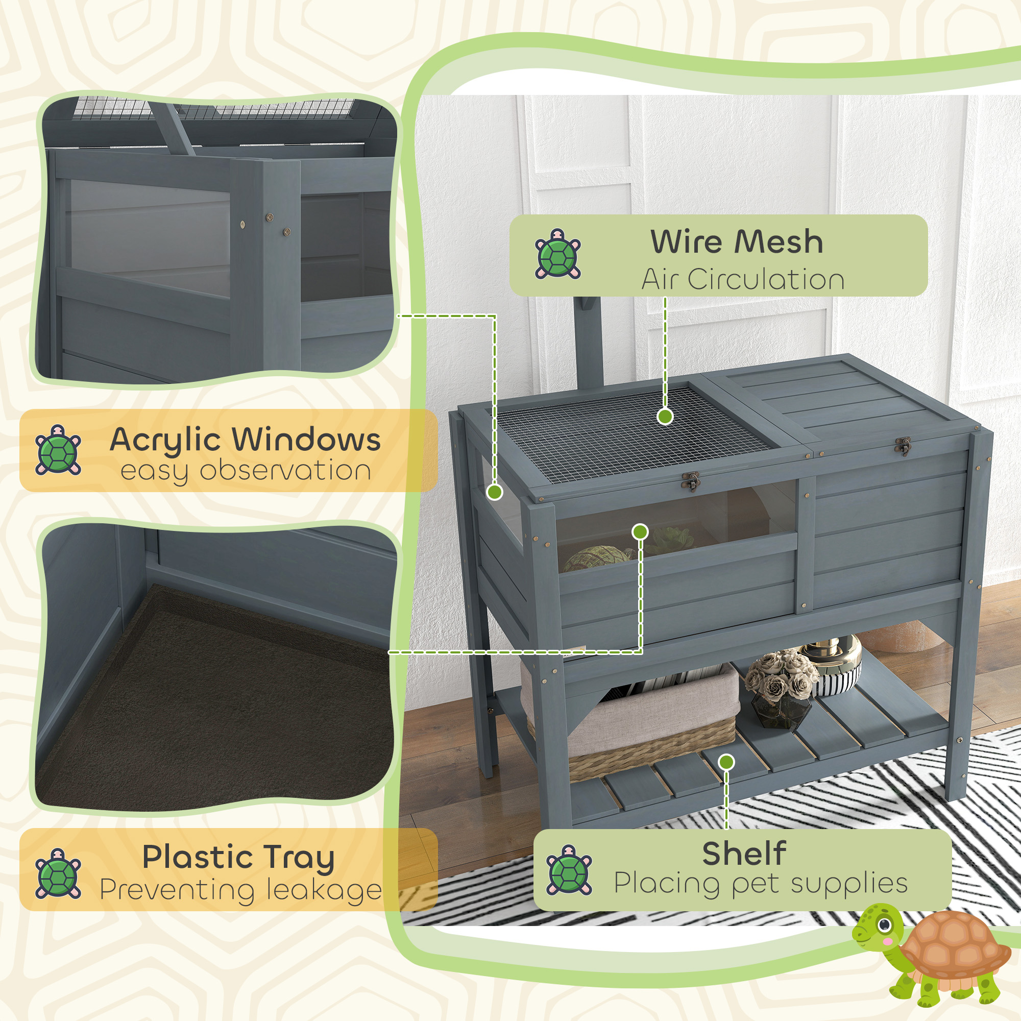 Wooden Tortoise House Habitat with Shelf, Light Support Frame, Tray for Indoor Use, 33" L x 20" W x 41" H - Image 7