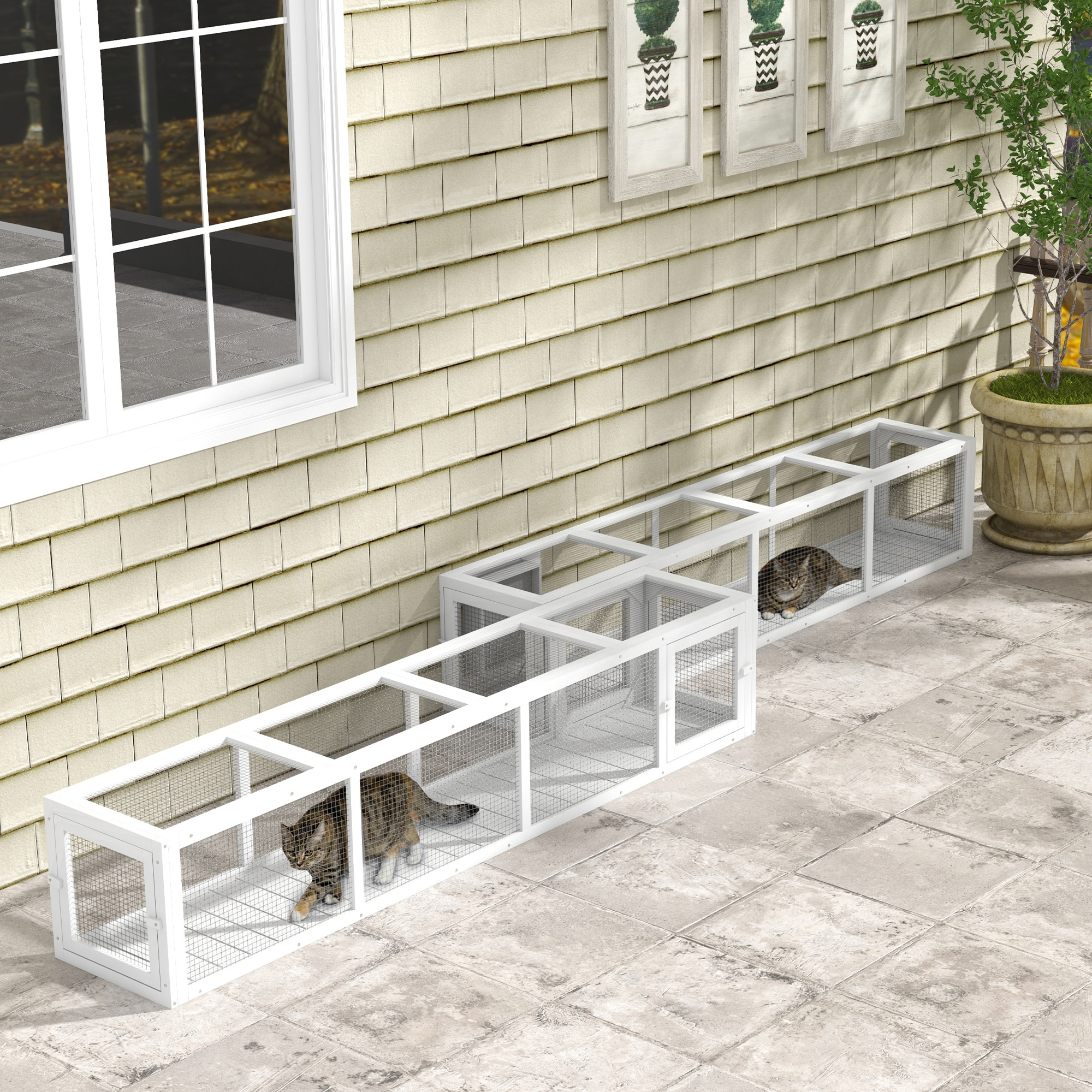 79" Long Cat Tunnel, Cat shelter L- Shape with Extendable Design, Cat Enclosure for Indoor/Outdoor Use, White