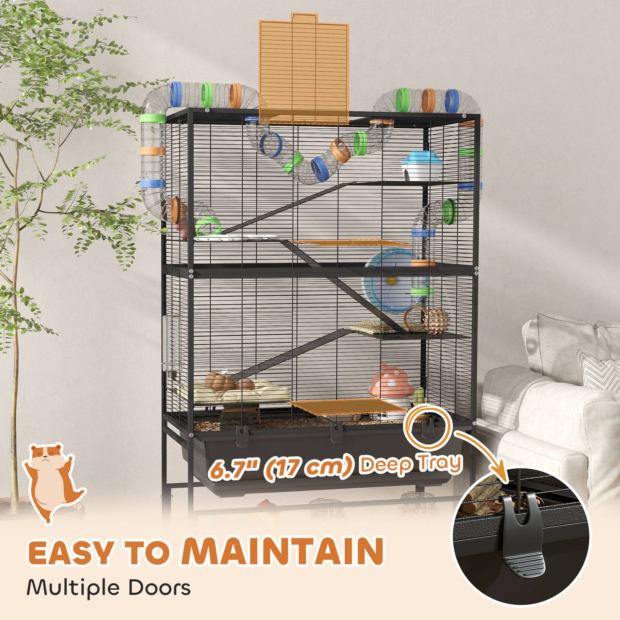 5 Tier Rolling Hamster Cage with 7" Deep Tray, Storage Shelf, Big Exercise Wheel, Tube System, for Syrian, Gerbil, Rat