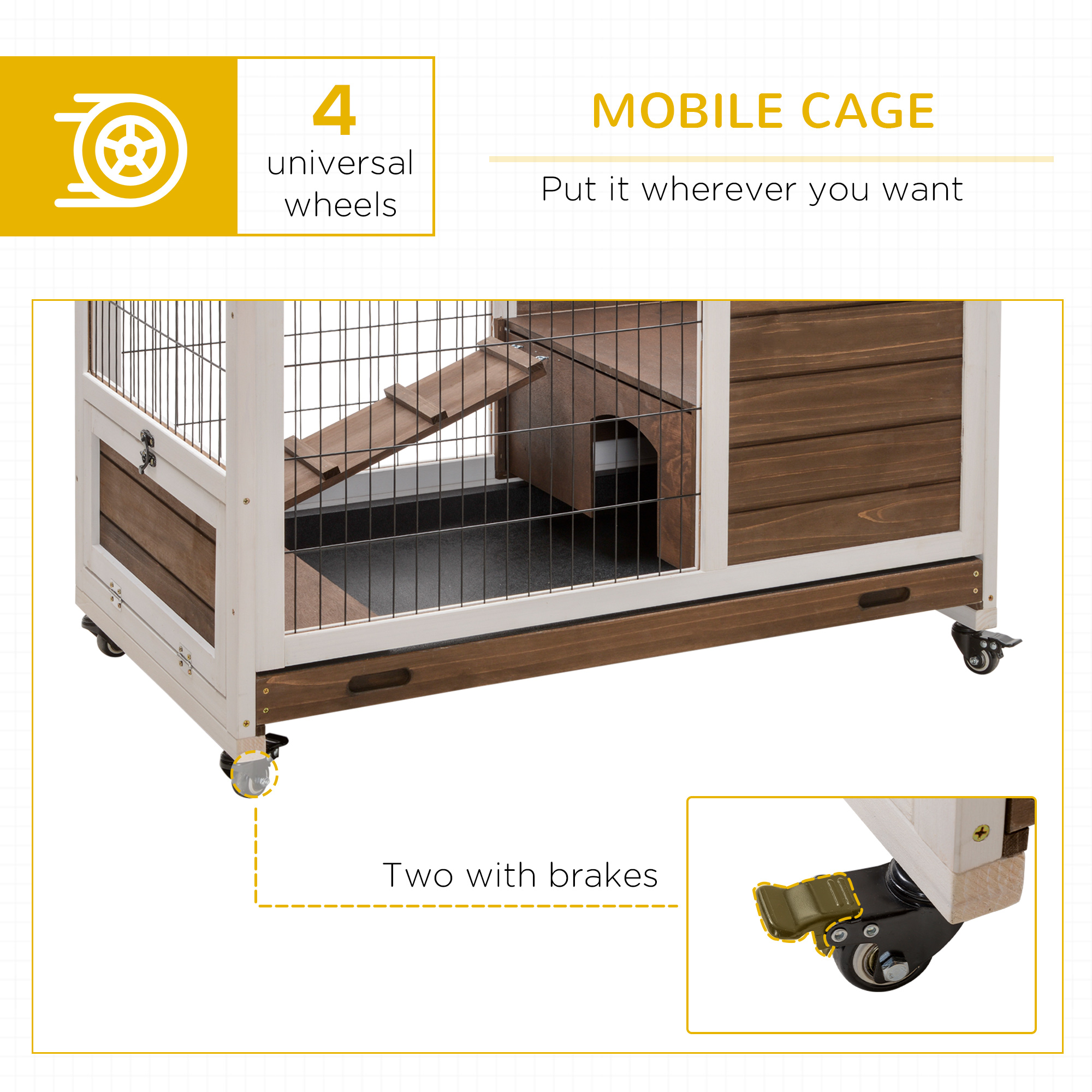 Wooden Indoor Rabbit Hutch Elevated Bunny Cage Habitat with Enclosed Run with Wheels, Ideal for Rabbits and Guinea Pigs, Brown