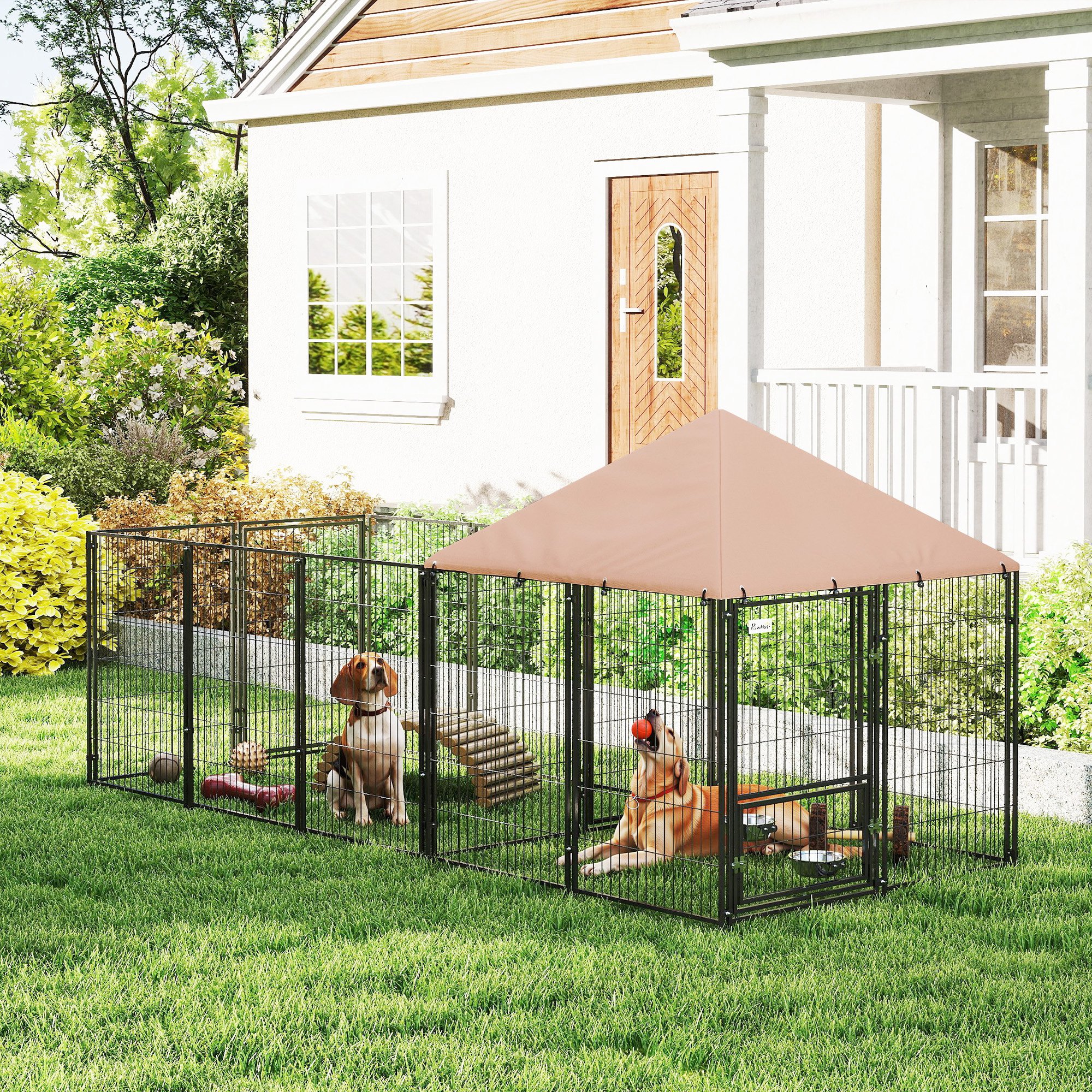 Outdoor Dog Kennel with Rotating and Adjustable Height Bowls, Waterproof UV-Resistant Cover, 11.3' x 4.7' x 5.1'