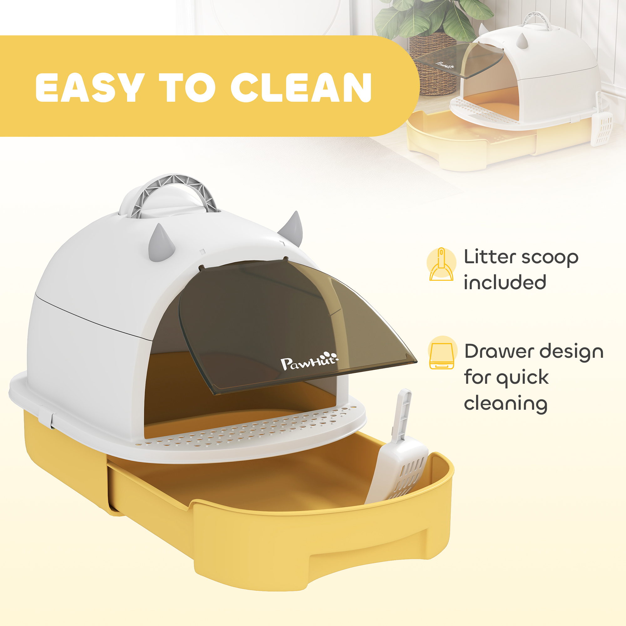 Cat Litter Box with Lid, Front Door Flap, Scoop, Handle, Easy Clean, for Small and Medium Cats, Yellow - Image 5