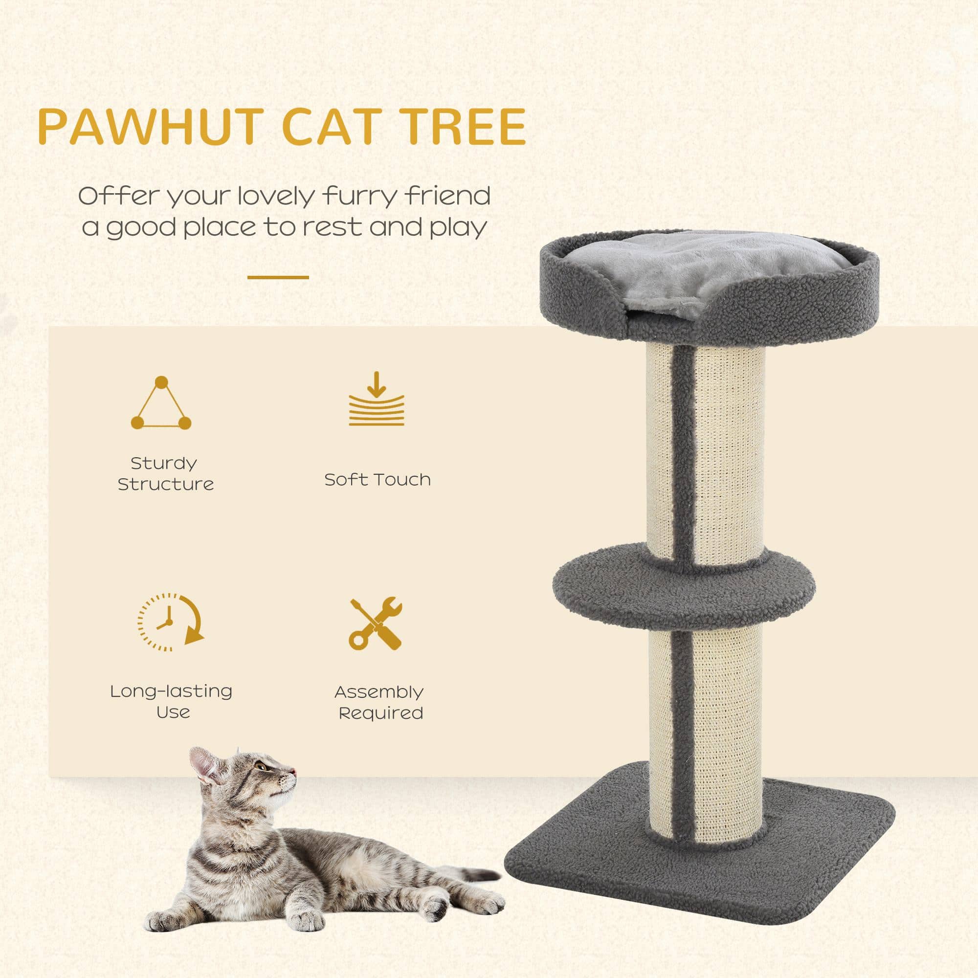 Cat Tree Kitty Tower with Sisal Mat Scratching Post, Cat Bed, Cushion, Perch, 18" x 18" x 36", Grey - Image 4